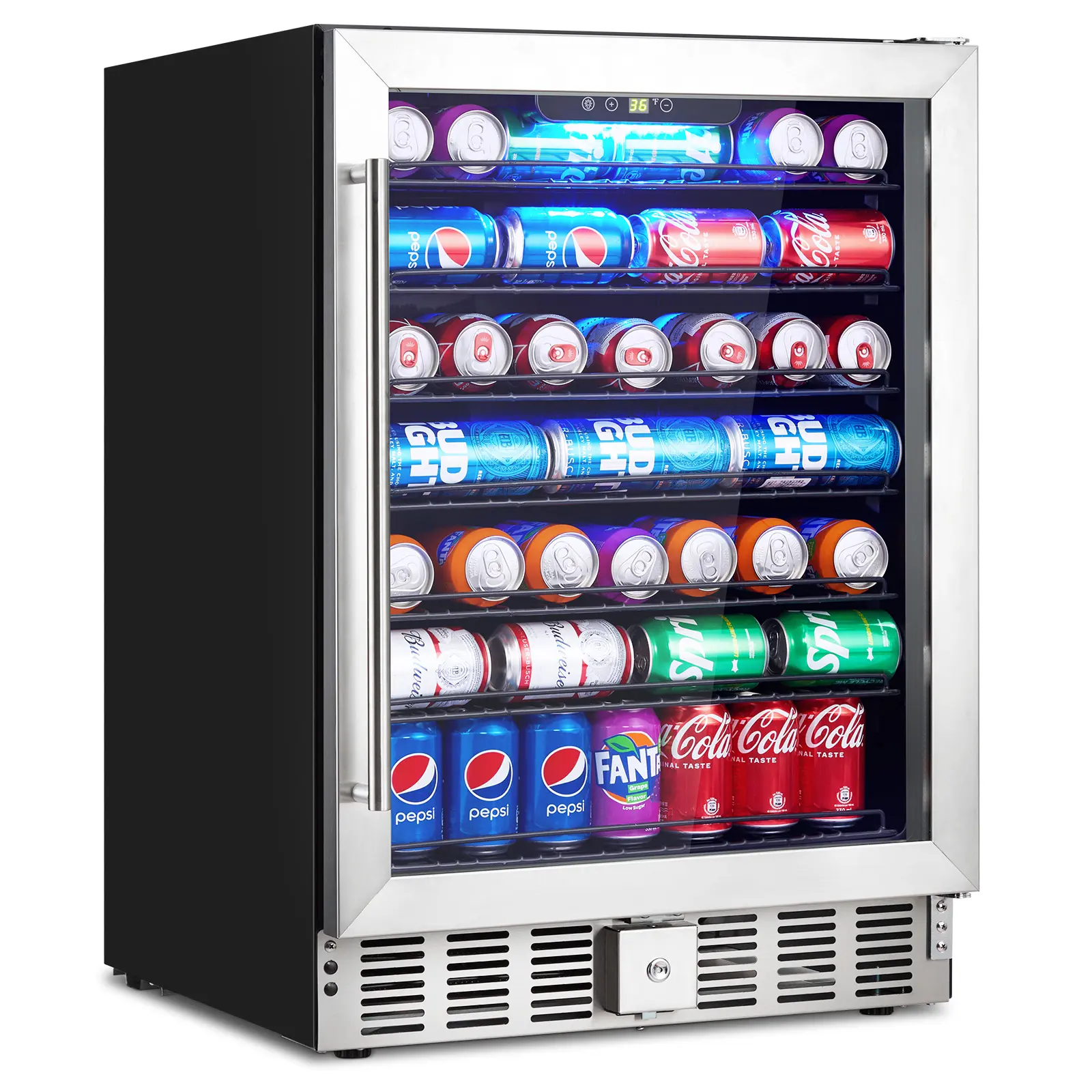 24 Inch Large 166-Can Beverage Refrigerator with Glass Door, Digital Temp Control, Stainless Steel, LED, Lock, Adjustable Shelves, Under Counter or Freestanding Fridge for Home and Office