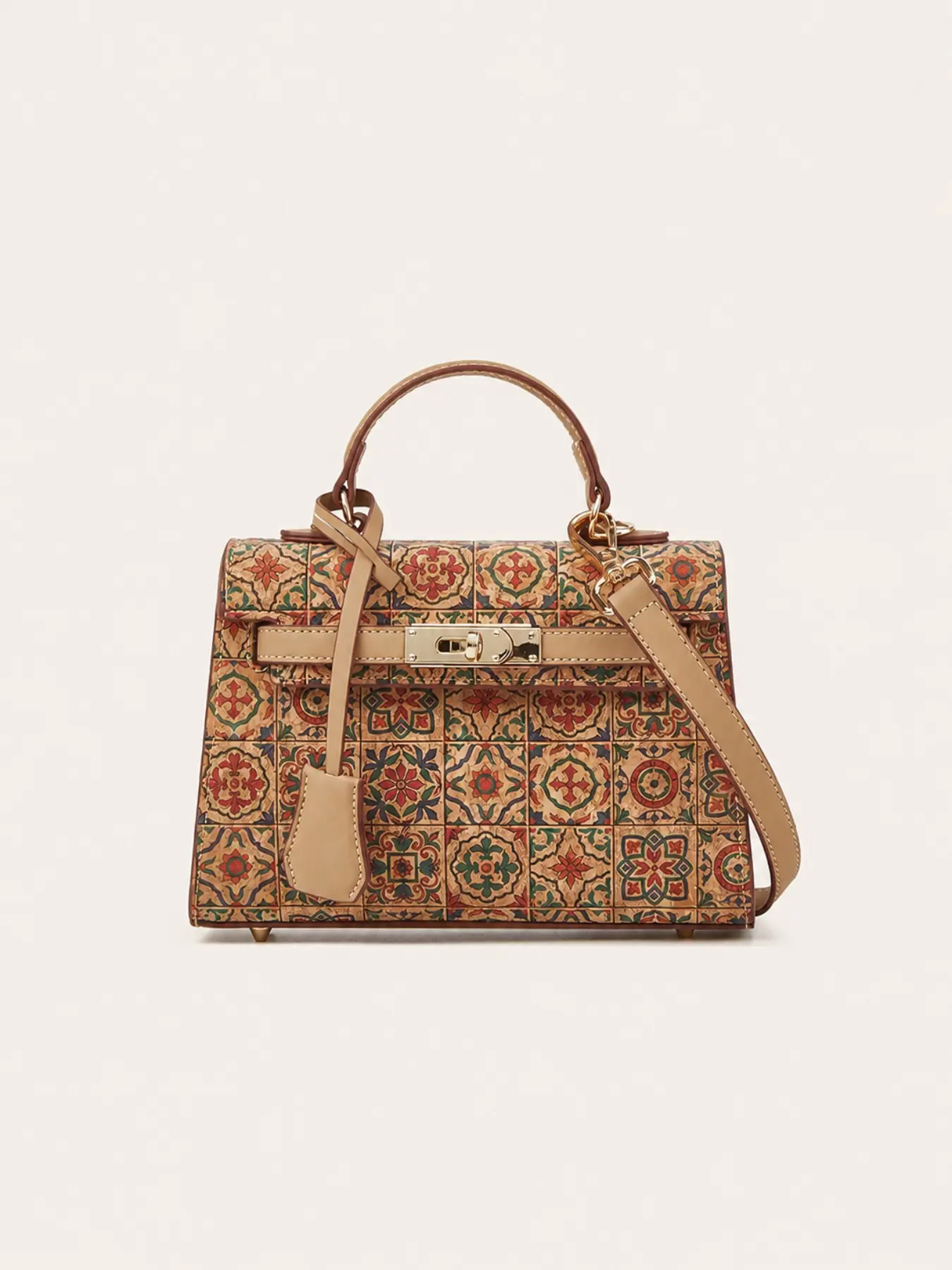 Women's Vintage Ethnic Print Top Handle Satchel Bag, Structured Lock Closure Handbag with Detachable Shoulder Strap, Crossbody Purse for Work and Casual Use, Fashion Crossbody Bags