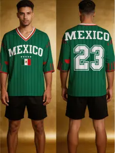 2026 New Summer Mexico Sports Style Jersey, Unisex V-Neck Fan Sportswear Top, Mexican Flag Print, Casual Loose-Fit, Long Sleeve, Ideal for Sports Fans