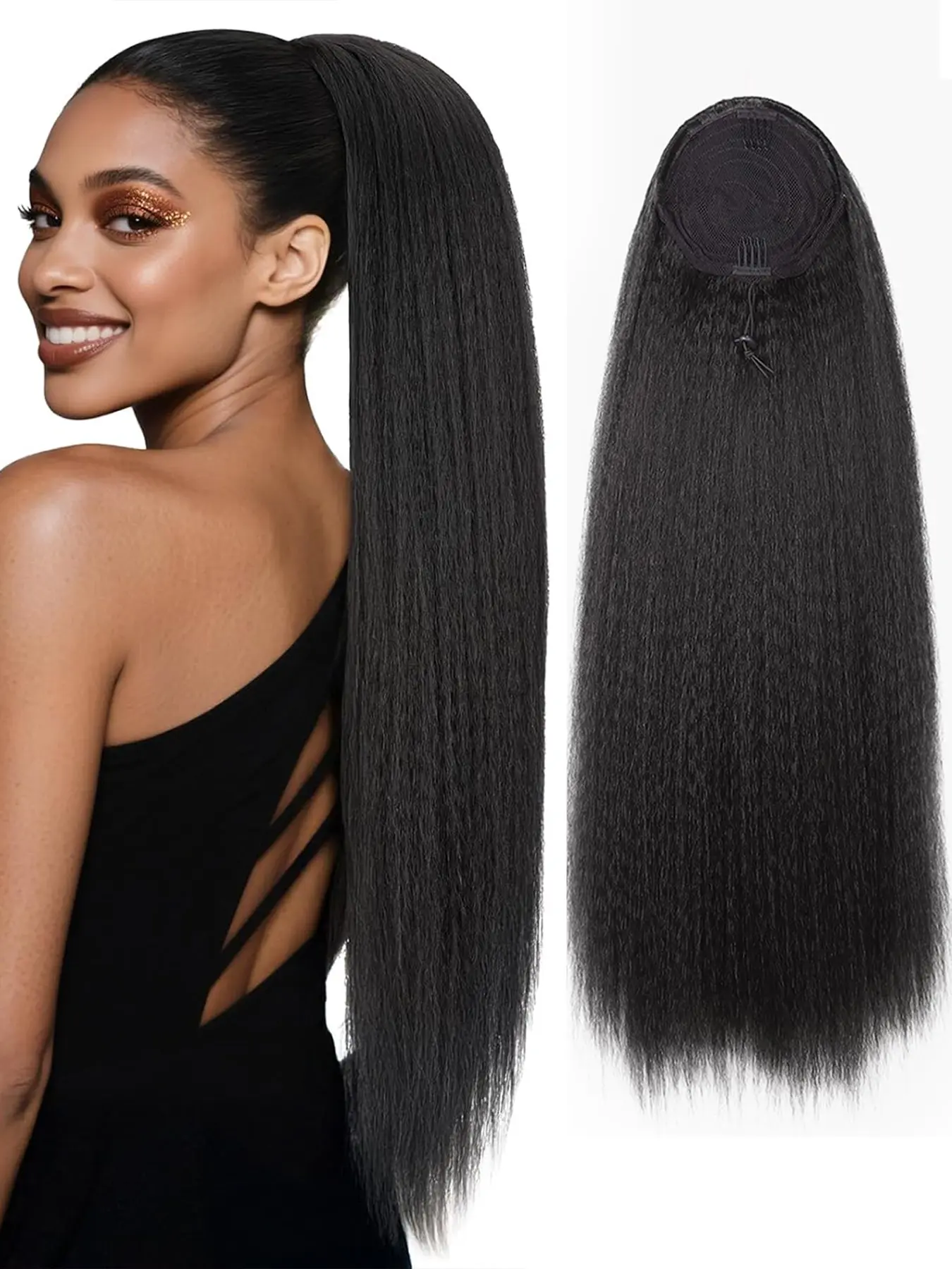 Long Yaki Straight Drawstring Ponytail Extensions, Thick Kinky Straight Synthetic Hair Extension, Clip in Hairpiece for Women & Girls, Daily Use
