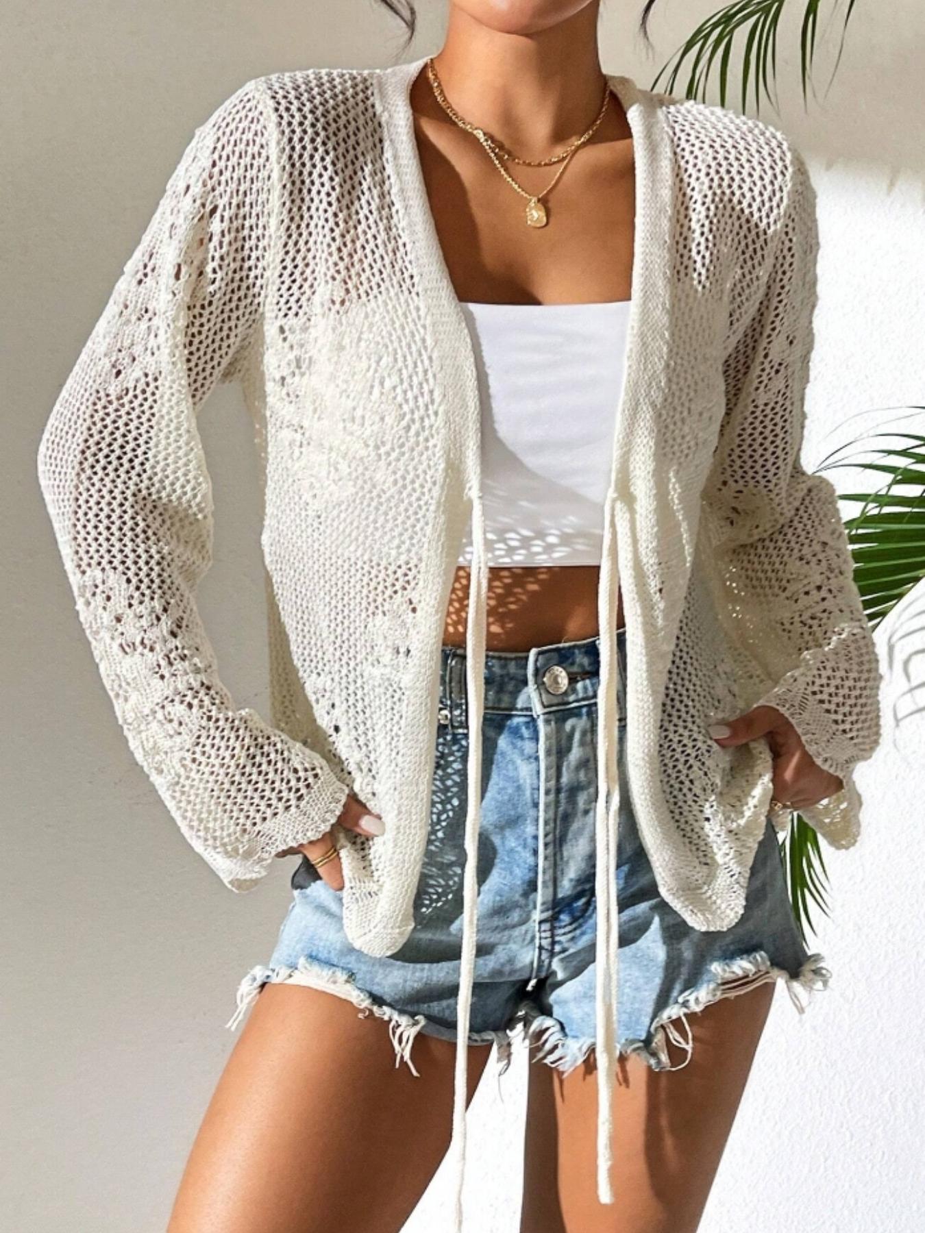 Women's Fitted Plain Sheer Tie Front Knitting Cardigan, Casual Long Sleeve Cardigan for Daily Wear, Ladies Knitwear for All Seasons