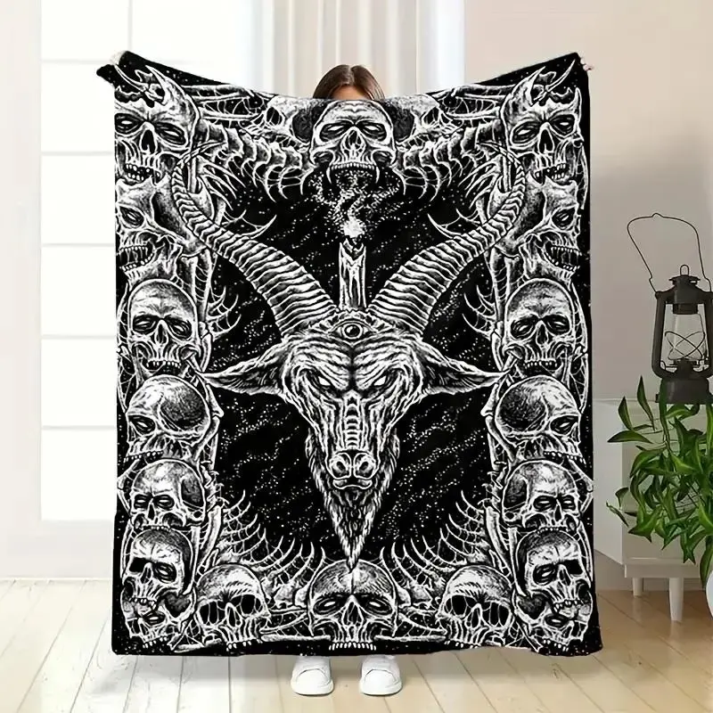 Occult Gothic Baphomet Goat Head & Skull-Frame Flannel Throw Blanket, Vintage Goth Anti-Pill Single-Piece Dark Mystical Black White Art Warm Blanket, Room Decor House Decor Gift for Occult Fans of All Ages, One-Piece