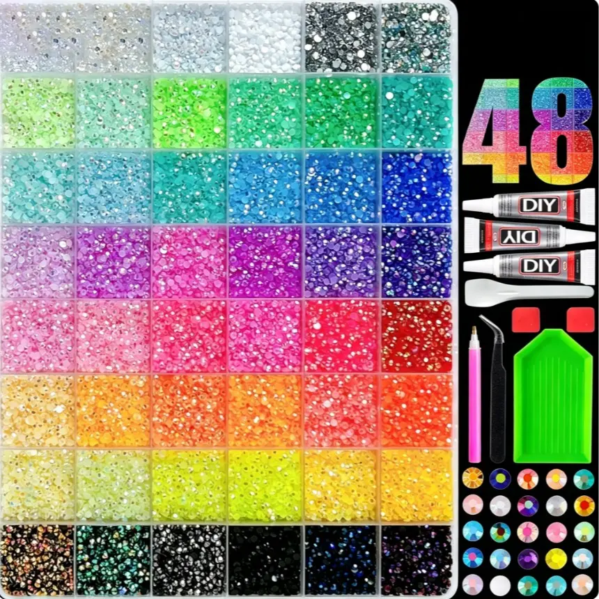 Rainbow Color Nail Art Rhinestones Set, DIY Craft Kit, Easy to Use, Perfect for Clothing, Cups, Shoes, Fabric, Nail Art Rhinestones 、 Flatback Crystals 、 with Adhesive Glue 、 Diamond Painting，Christmas Birthday Gift