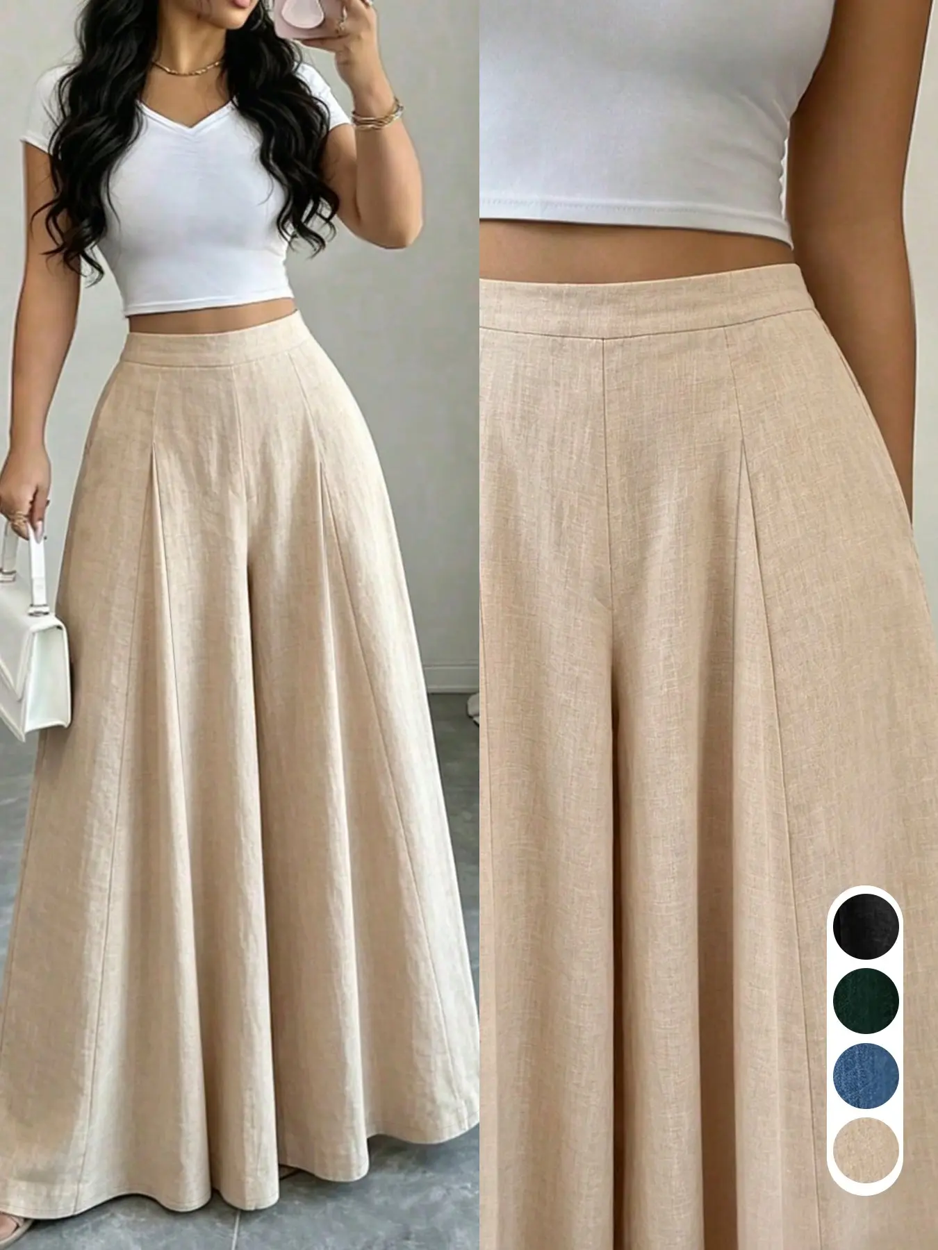 High-waisted, flowing robe-style pants for women, featuring pleated details, an A-line silhouette, wide-leg cut, floor-length hem, and a relaxed, loose fit, Palazzo Pant