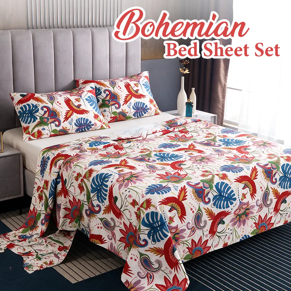 GOHOME Luxury Bohemian Bedding, Ultra Soft & Skin-Friendly Bed Sheets, 14 Inch Deep Pocket Fitted Sheet, Flat Sheet & 1/2 Pillowcases Contemporary Style Bedding Set for Bedroom, Guest Suite (Queen/King/Full)