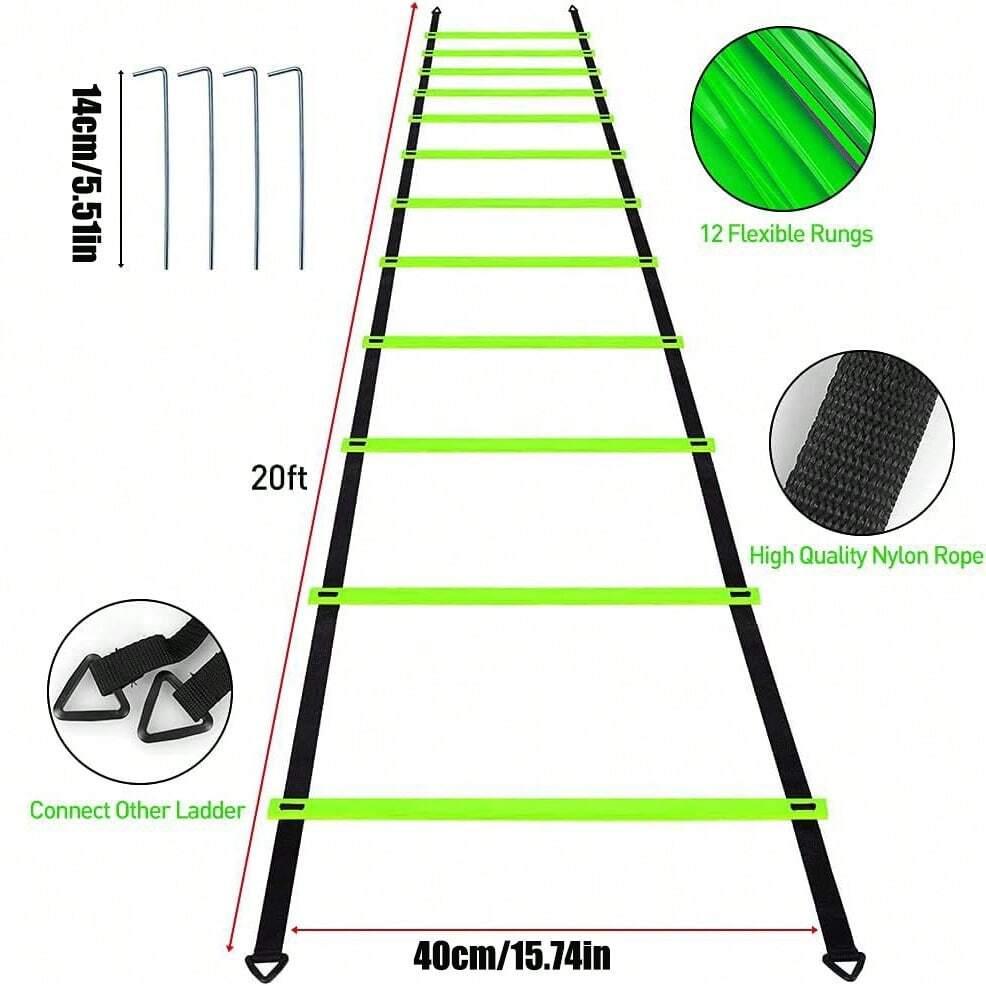 Pro Speed & Agility Training Set-Includes 12 Rung 20ft Adjustable Agility Ladder with Carrying Bag, 12 Disc Cones, 4 Steel Stakes, 1 Resistance Parachute, Use Equipment to Improve Footwork Any Sport