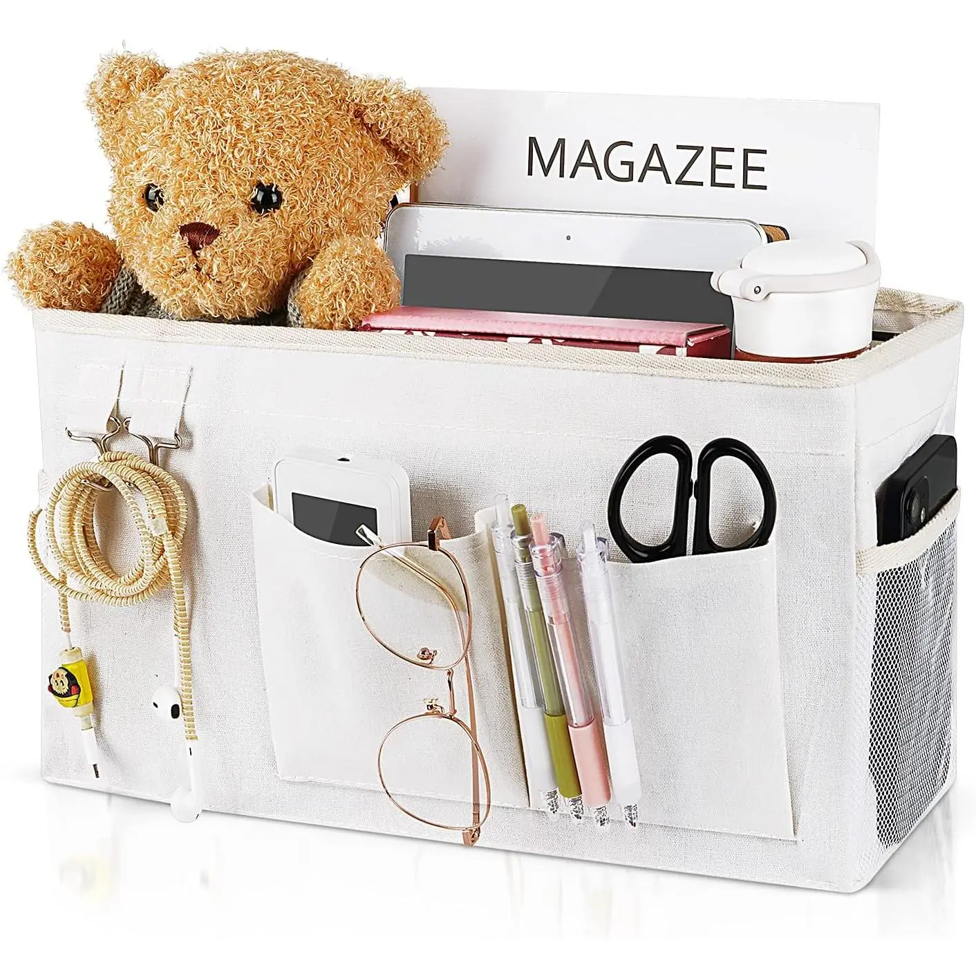 Bedside Caddy Bedside Organizer Hanging Storage Bag for Bunk College Dorm Bed and Hospital Beds with Magazine Water Bottle Phone Holder (White)