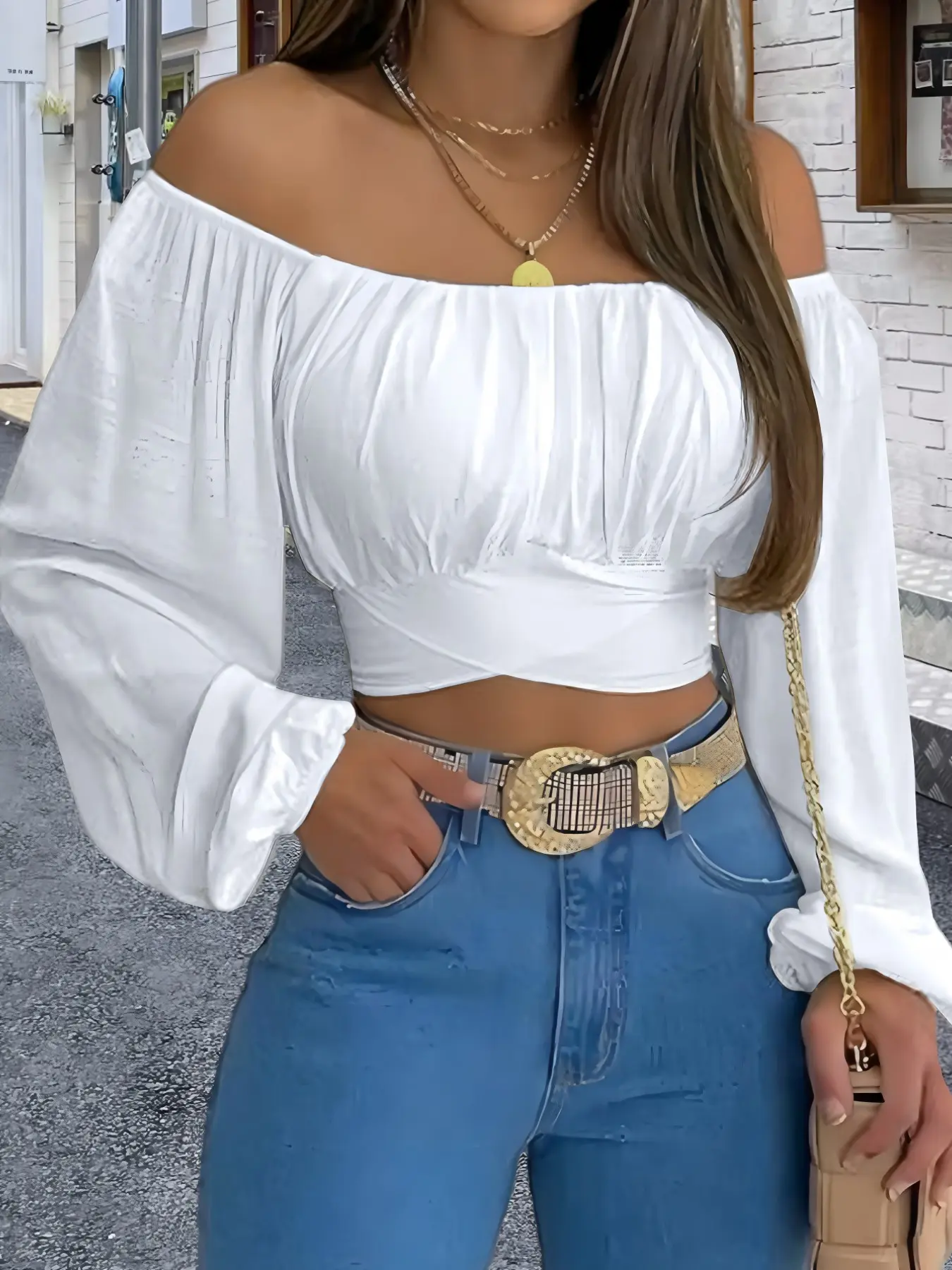 New Fall Women's Solid Color One-Shoulder Top, Bow Design Bubble Cuff Sleeves, Elegant Feminine Fashion Blouse for Office and Dates