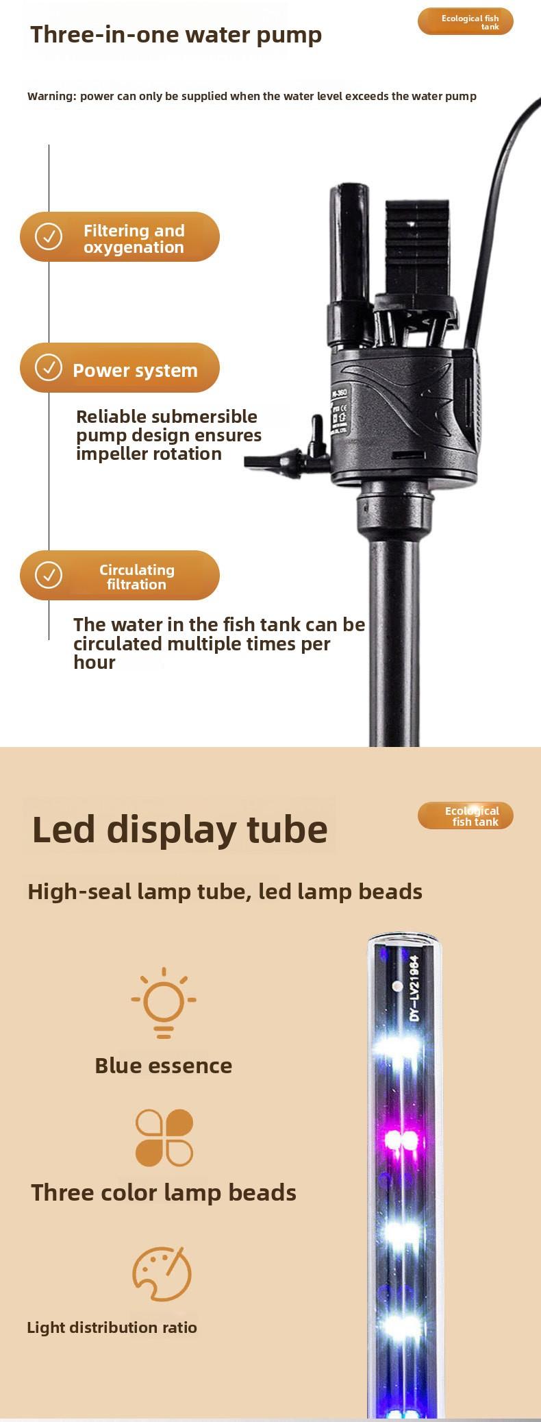 Hot Bending Ultra Clear Glass Fish Tank Self-Circulating Eco Aquarium Small Desktop For Living Room Home Decor Smart with LED Light and Filter Deshedding Brush Pets Dragon Stone Decoration