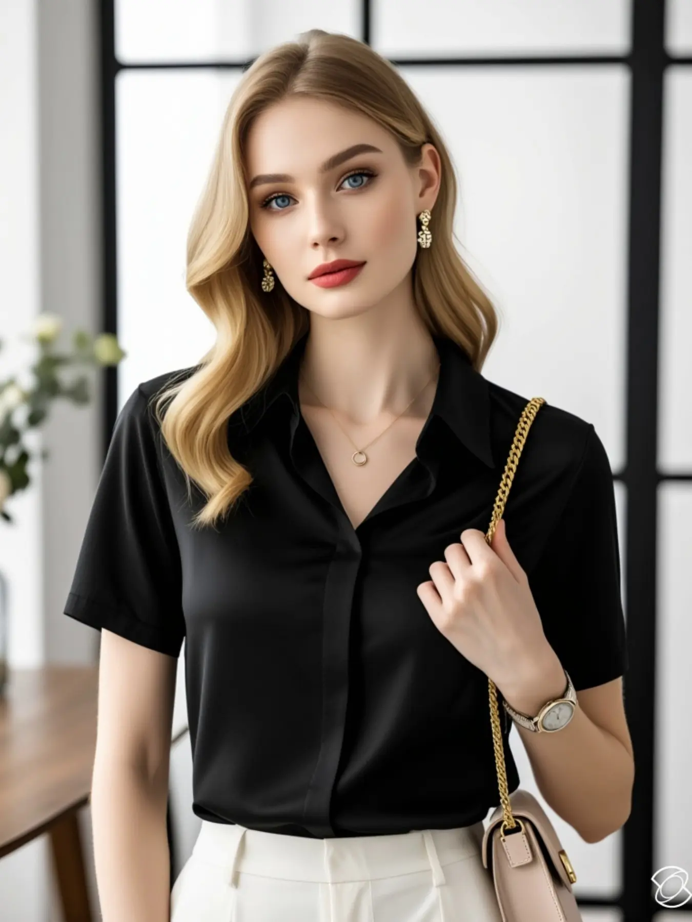 Elegant Blue Silk Shirt, Summer Design, Loose Fit, Versatile Office Wear, Short Sleeve, Unique Style, Professional Top