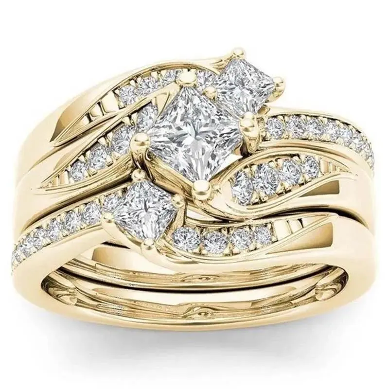 Princess 3Pcs set Charm Yellow   Ring Anniversary  Engagement Bridal Wedding Rings Jewelry For Women