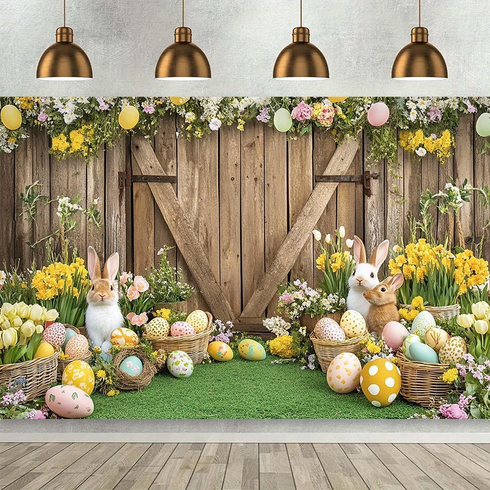 1pc Spring Easter Backdrop with Rabbit, Colorful Eggs, Fence Wall Decor for Photoshoot and Party Supplies, Cake Table Photo Booth Props, Banner Decor - Use Without Electricity, Polyester, General