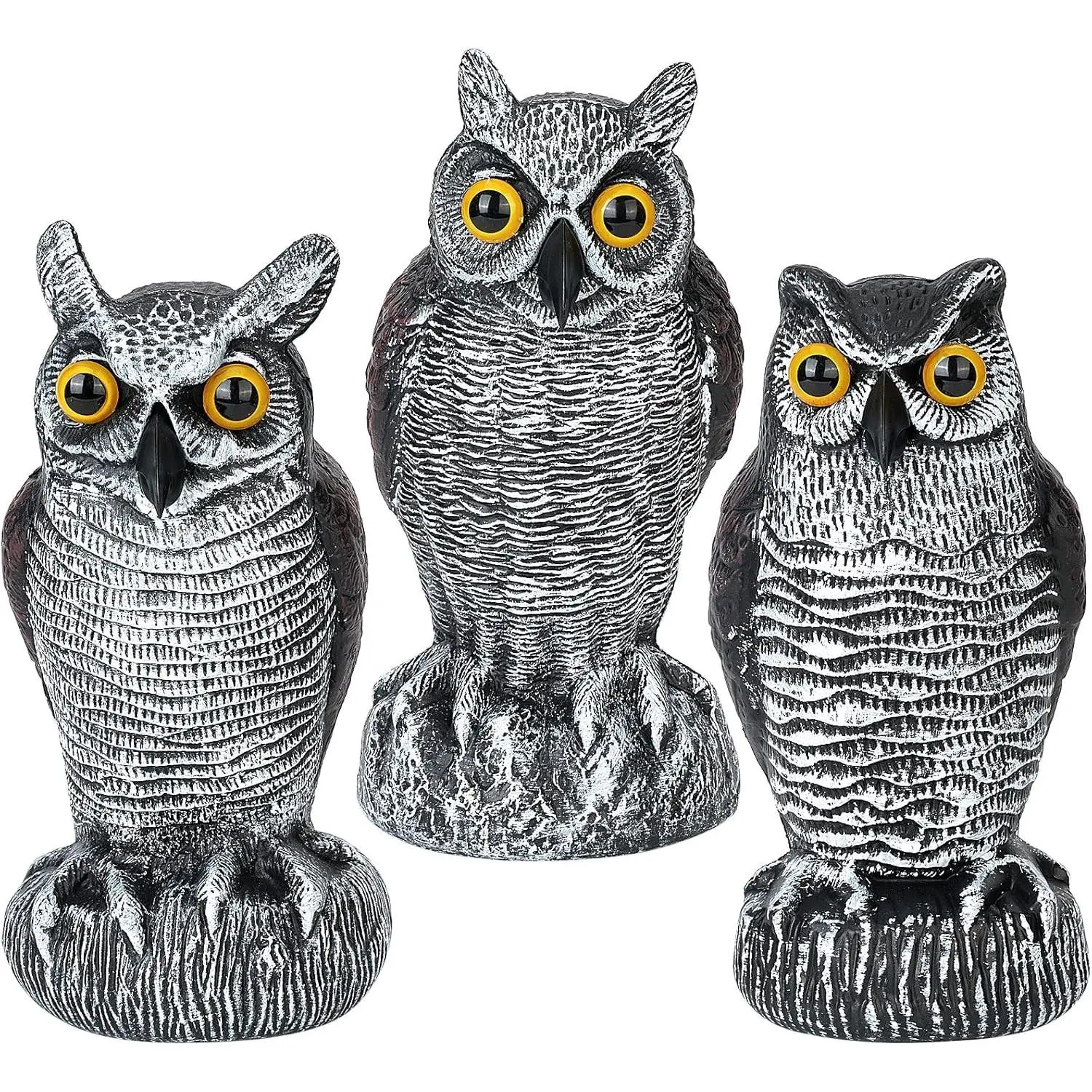 3-Pack Owl Decoys for Bird Deterrent - Weatherproof Bird Repellent Devices for Outdoor Use - Plastic Owls to Scare Birds Away and Control Garden Pests