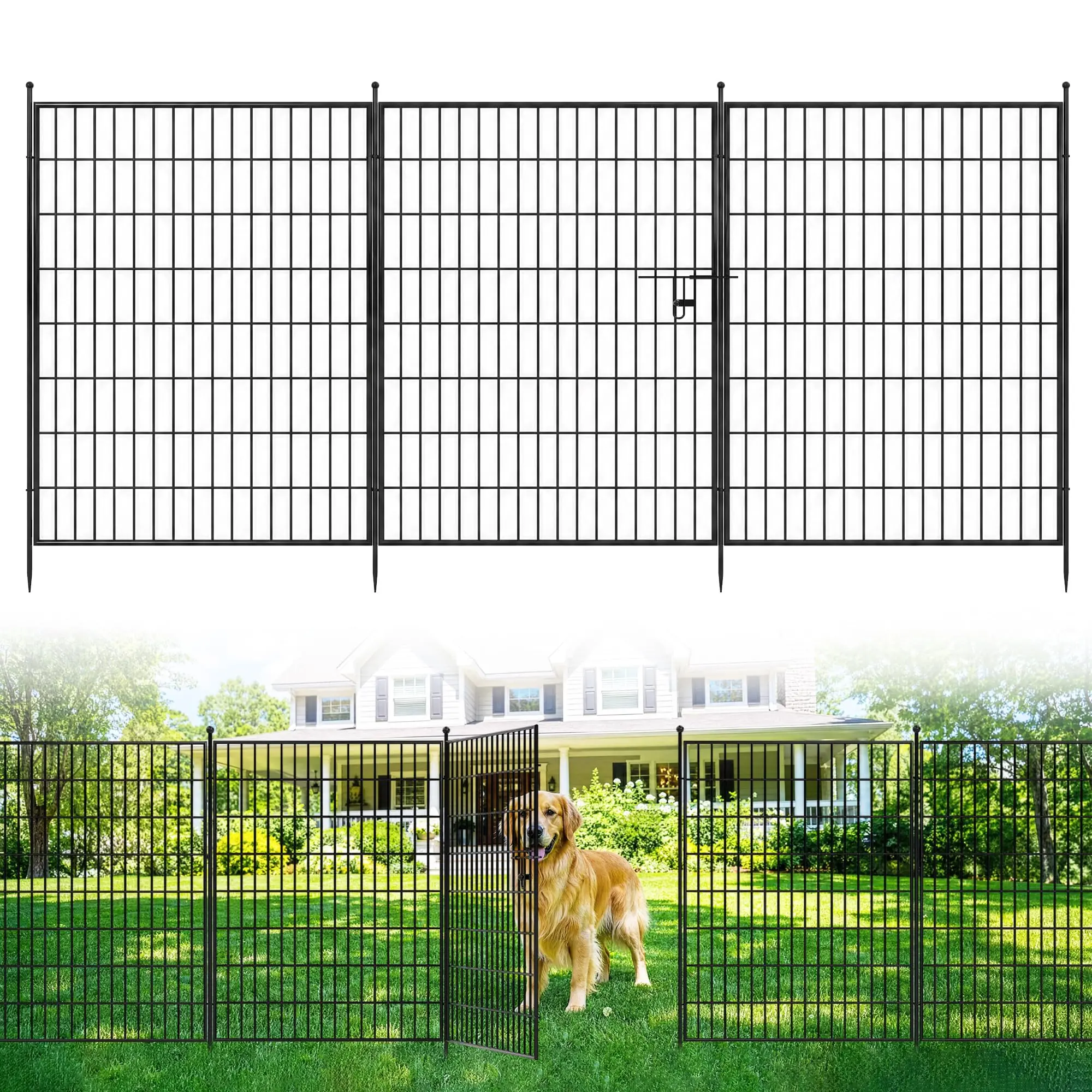 GAOMON Heavy Duty No-Dig Metal Garden Fence Panels – 5 Pack Decorative Outdoor Yard & Patio Animal Barrier, Rustproof, Black – Size: 40in H x 11.8ft L