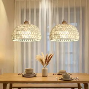 1Pcs White Rattan Lamp Shade, Hand Woven Iron Frame Cream Style Light Fixture for Bedroom Living Room Kitchen Cafe, Bulb & Wire Not Included