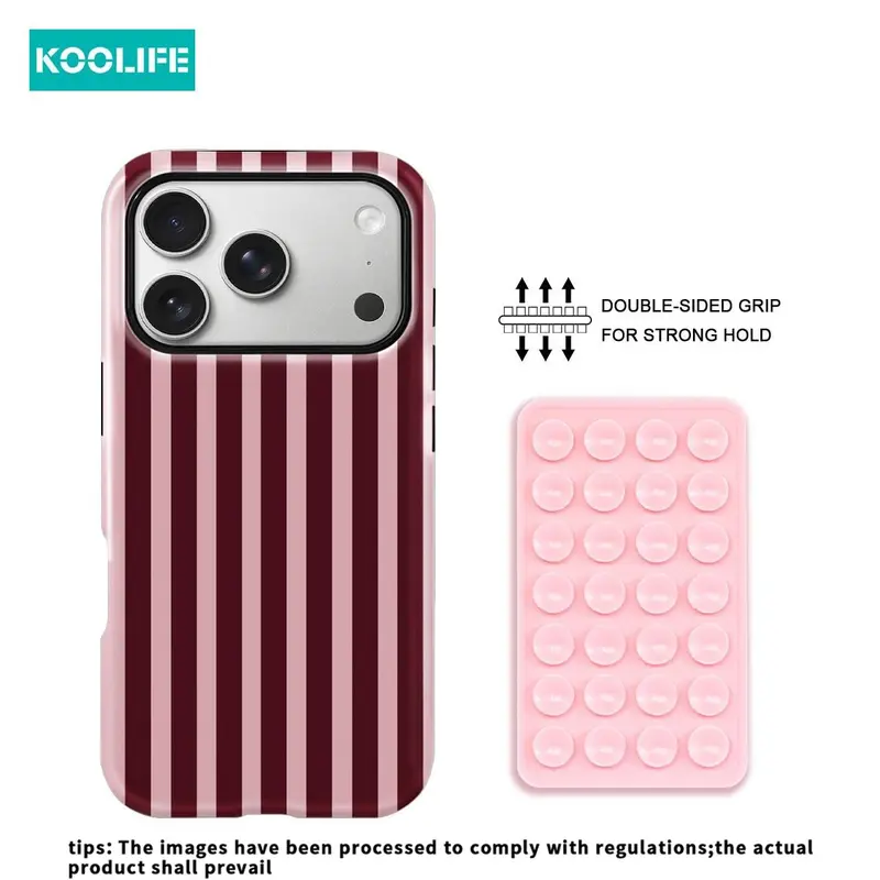 Koolife 2PCS Dark Red Pink Striped Phone Case Protector + Double-Sided Suction Cup Mount Glossy Hard PC+TPU Shockproof Cover Compatible with iPhone 18/18 Pro Max/17Pro 17ProMax Air 16 15 14 13 12 11 XR X XS XS Max Pro Max Plus Must-Have