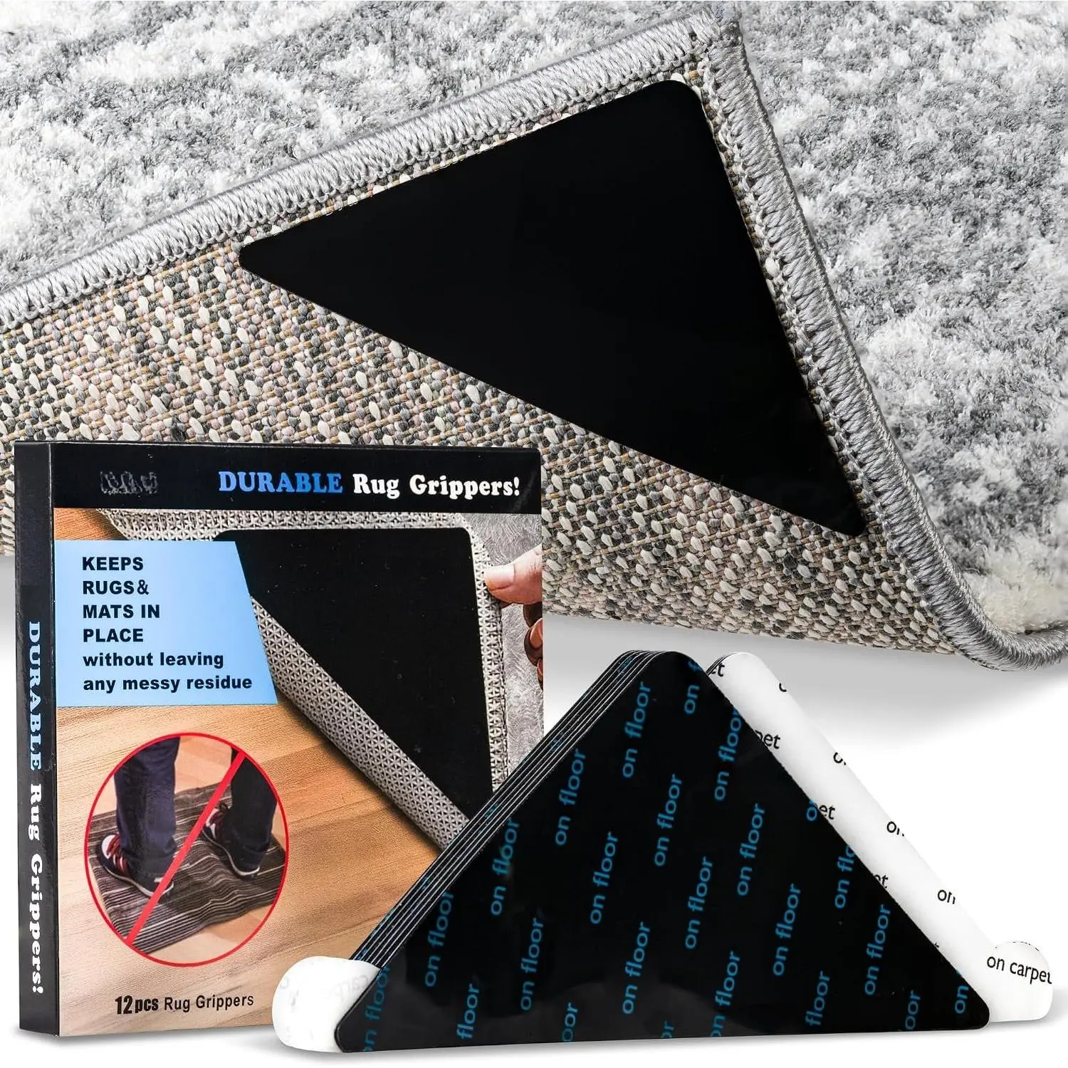 12 count Rug and Carpet Tape Grippers, Non-Slip, for Hardwood and Tile Floors, Durable Double-Sided Tape for Area Rugs, Adhesive Rug Stickers to Keep Corners Secure (Black)