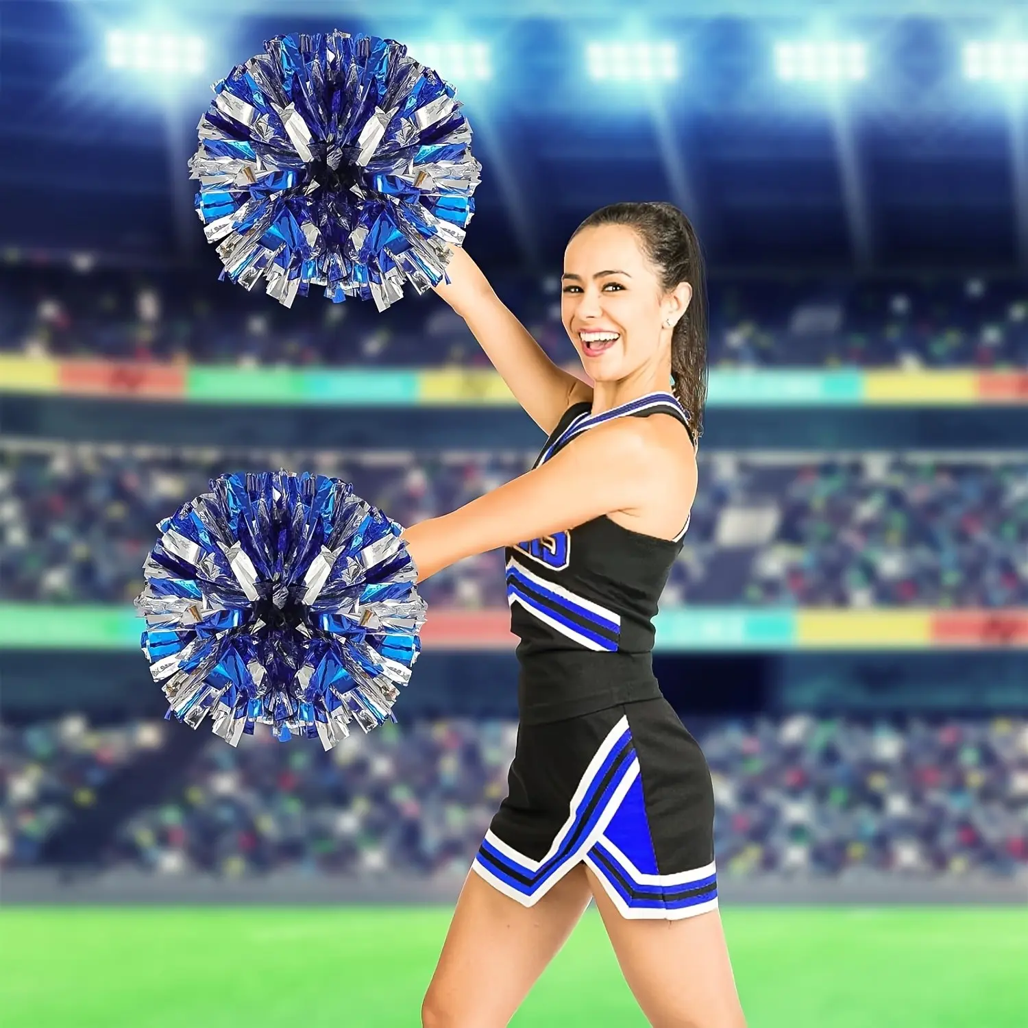 2-Pack Blue and Silver Color Cheerleading Pompoms, High-Index Plastic, Ideal for Dance, Sports Events, Festive Occasions