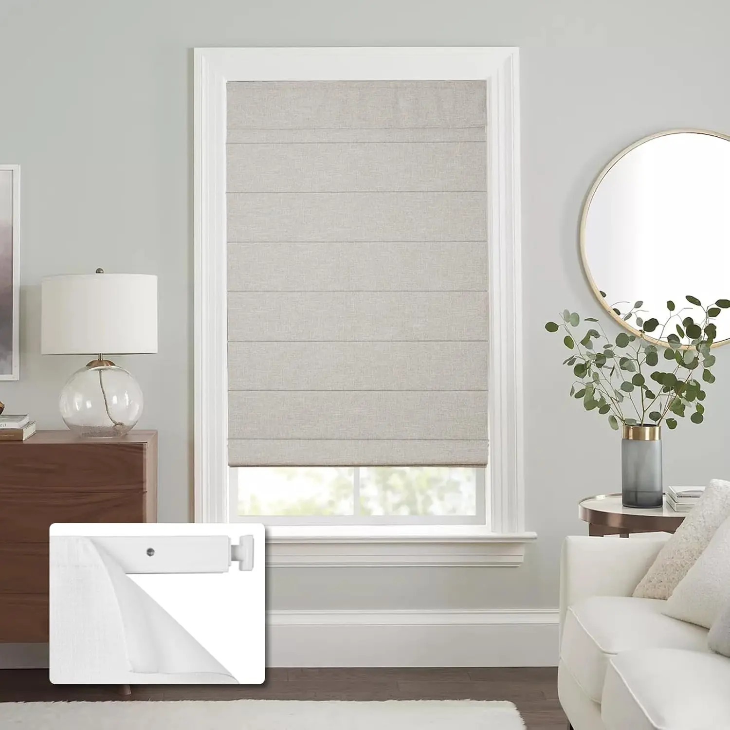 No Drill Cordless Roman Shades for Indoor Windows, No Tools Needed Window Blinds, UV Protection Linen, 27" W x 48" H