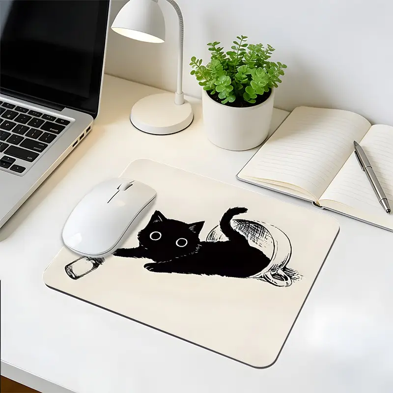 Vintage Black Cat Square Mouse Pad,Minimalist Line Art Design Desk Mat,Rubber Anti-Slip Lock-Edge Work Pad,Smooth Surface,Small Size Suitable for Laptop,Gaming,Work,Home,Great Gift for Family,Gamer,Cat Lovers