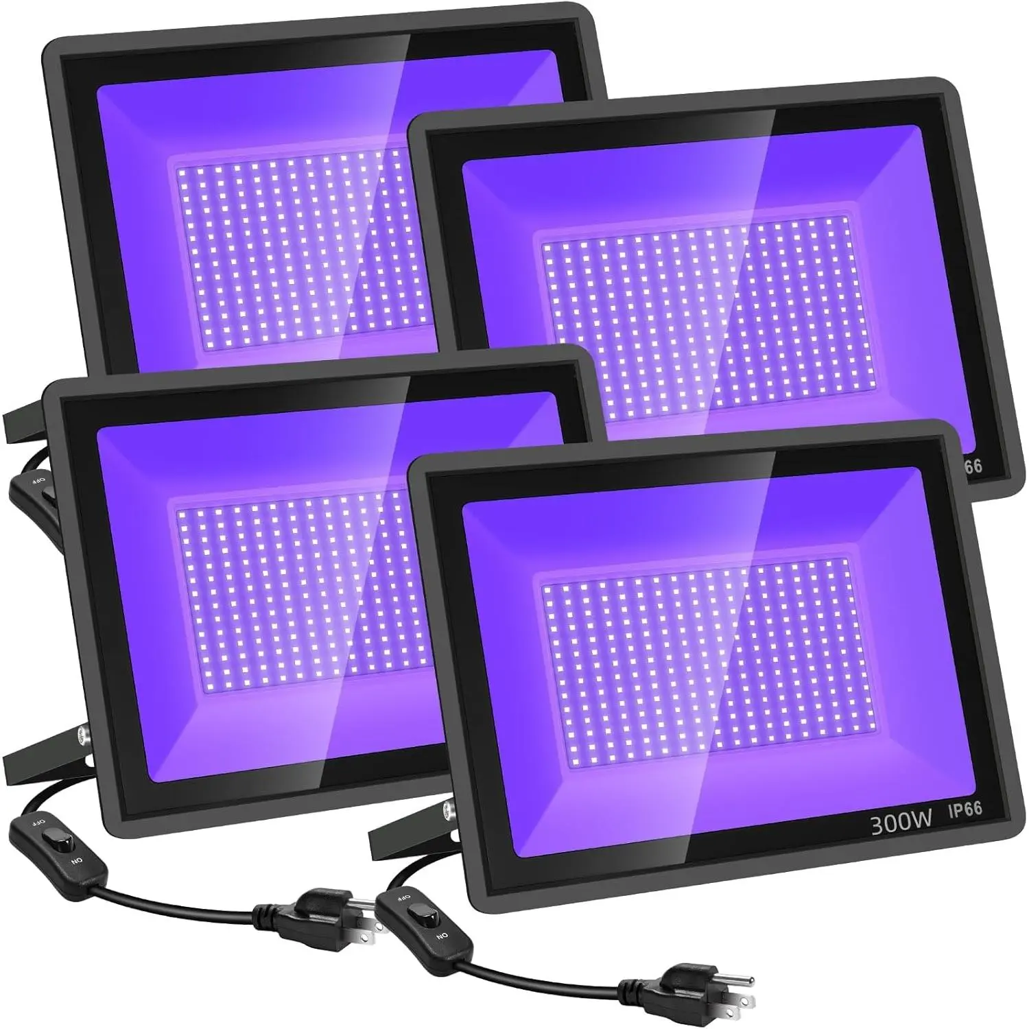 4 Pack 300W LED Black Flood Lights - Outdoor Plug-In IP66 Water Resistant Blacklight for Glow Party, Aquarium, Bar, Club, Fluorescent Poster, Synthetic Construction Halloween Lighting