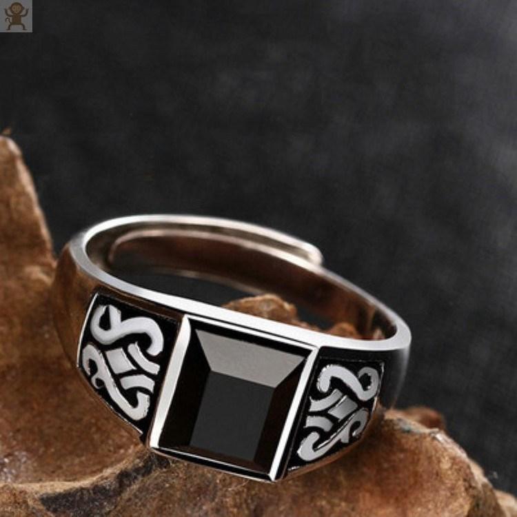 New silver advanced creative geometric diamond inlaid black agate gemstone men's lady domineering exaggerated adjustable ring