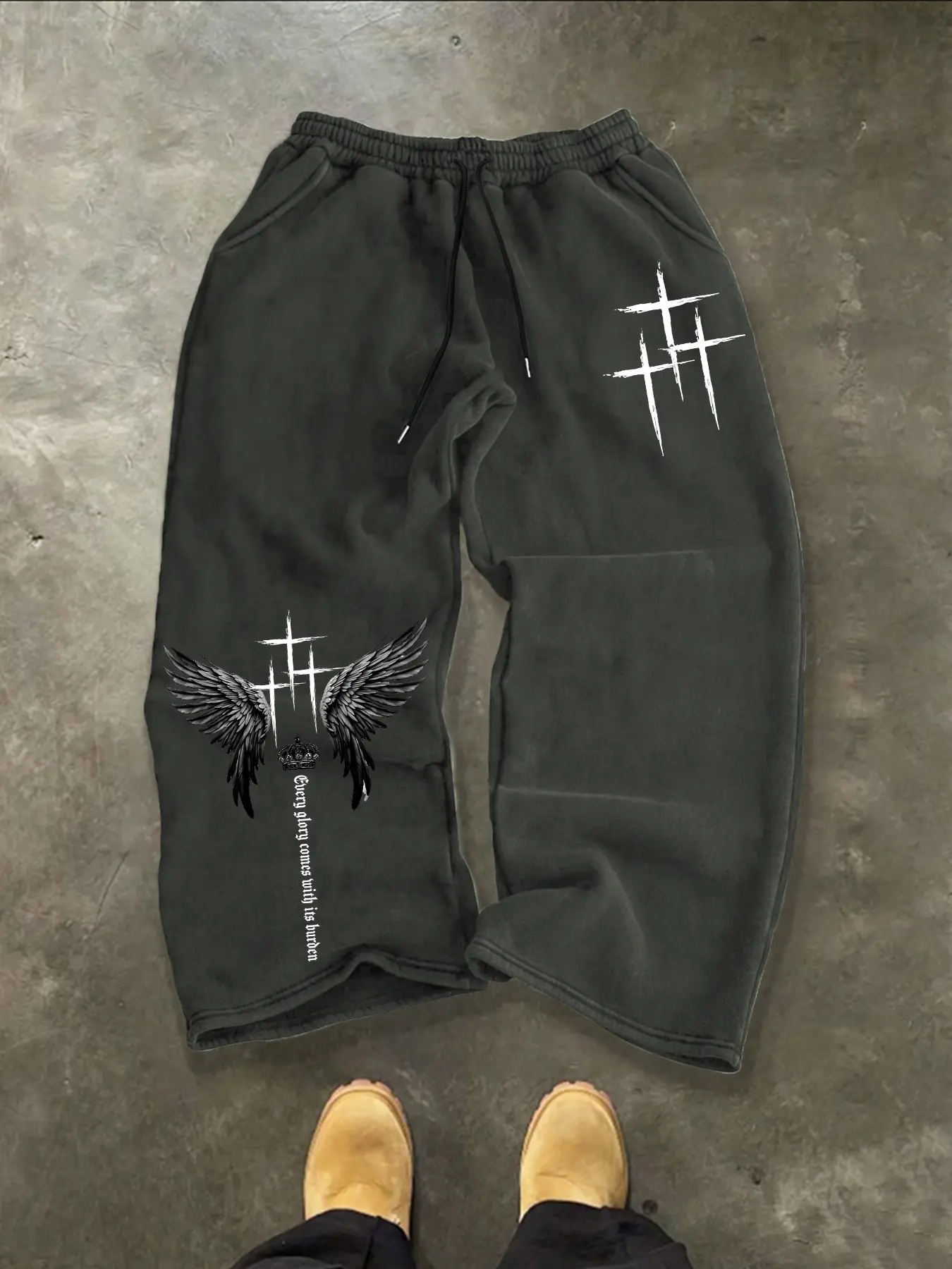 Men's Loose Wide Leg Drawstring Sweatpants, Adjustable Drawstring Sweatpants, Double Side Angel Wing Cross Crown Slogan Print Elastic Waist Gothic Christian Hip Hop Streetwear Casual Jogger Trousers