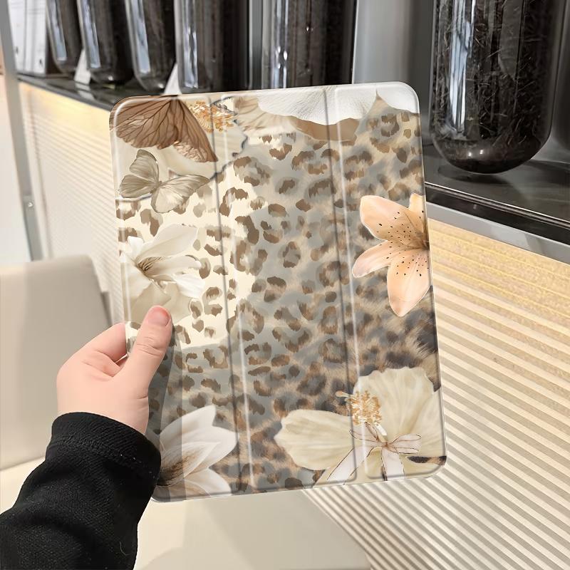Chic Tablet Case Featuring a Leopard Print, Floral, And Butterfly Design, Designed for Holding a Pencil (Pen Not Included).It Offers an Auto Wake/Sleep Function And Is Compatible with Various for Ipad Models Including The 10Th, 11Th, 9Th, Mini
