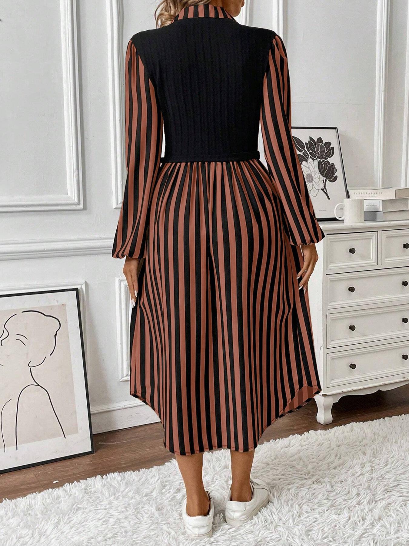 Women's Long Sleeve Striped Button Front Shirt Dress with Layered Design, Casual Spring & Fall Fashion, Elegant Chic Outfit