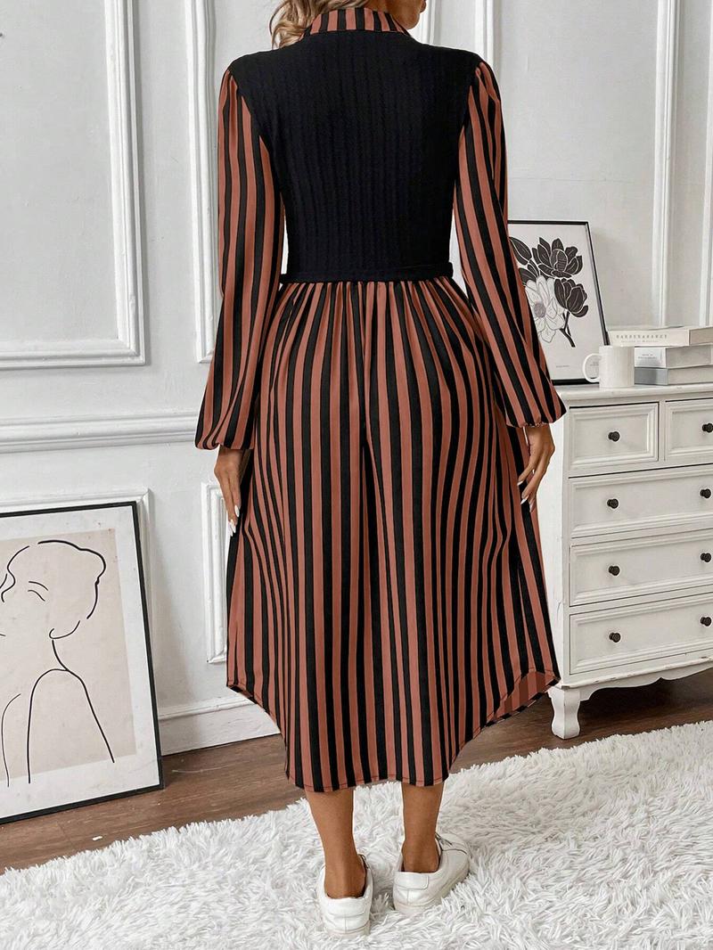 Women's Long Sleeve Striped Button Front Shirt Dress with Layered Design, Casual Spring & Fall Fashion, Elegant Chic Outfit