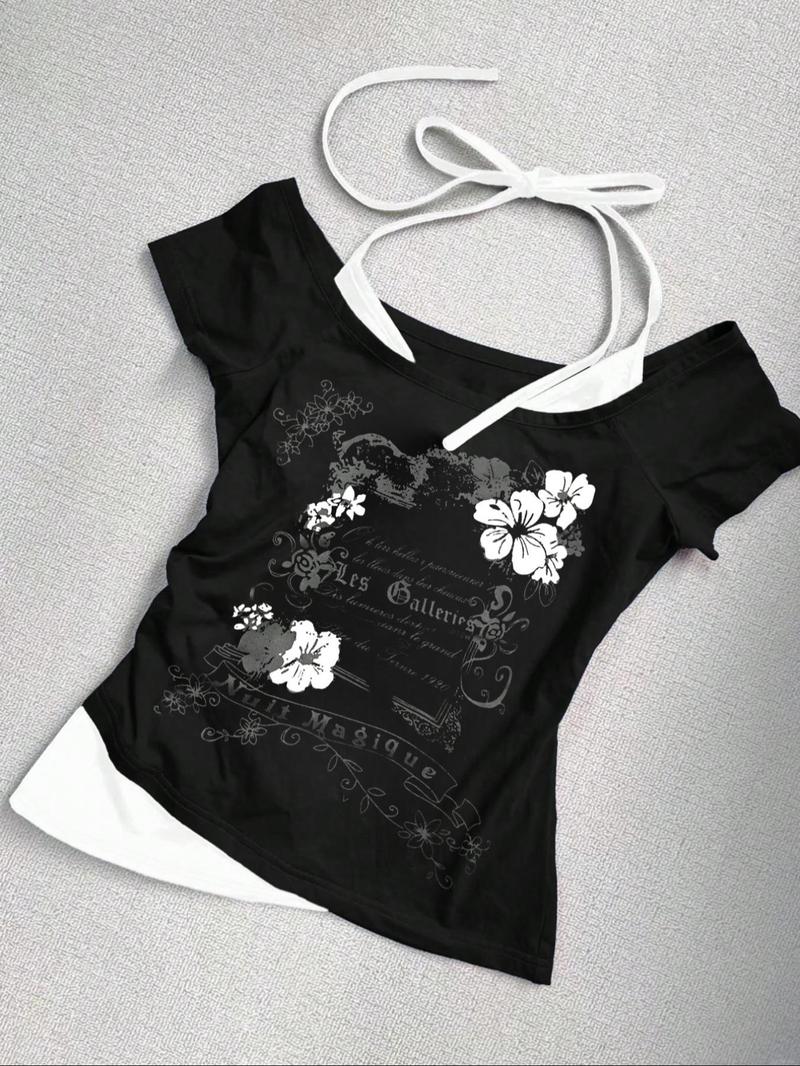 Women's 2 in 1 Floral & Letter Print  Halter Tee, Y2k Casual Top for Summer, Ladies Clothes for Daily Wear