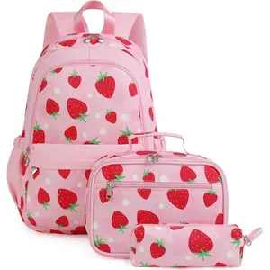 Strawberry Backpack  Girls, Kids School Bookbag Set, Elementary Primary School Book Bag with Lunch Bag Pencil Case