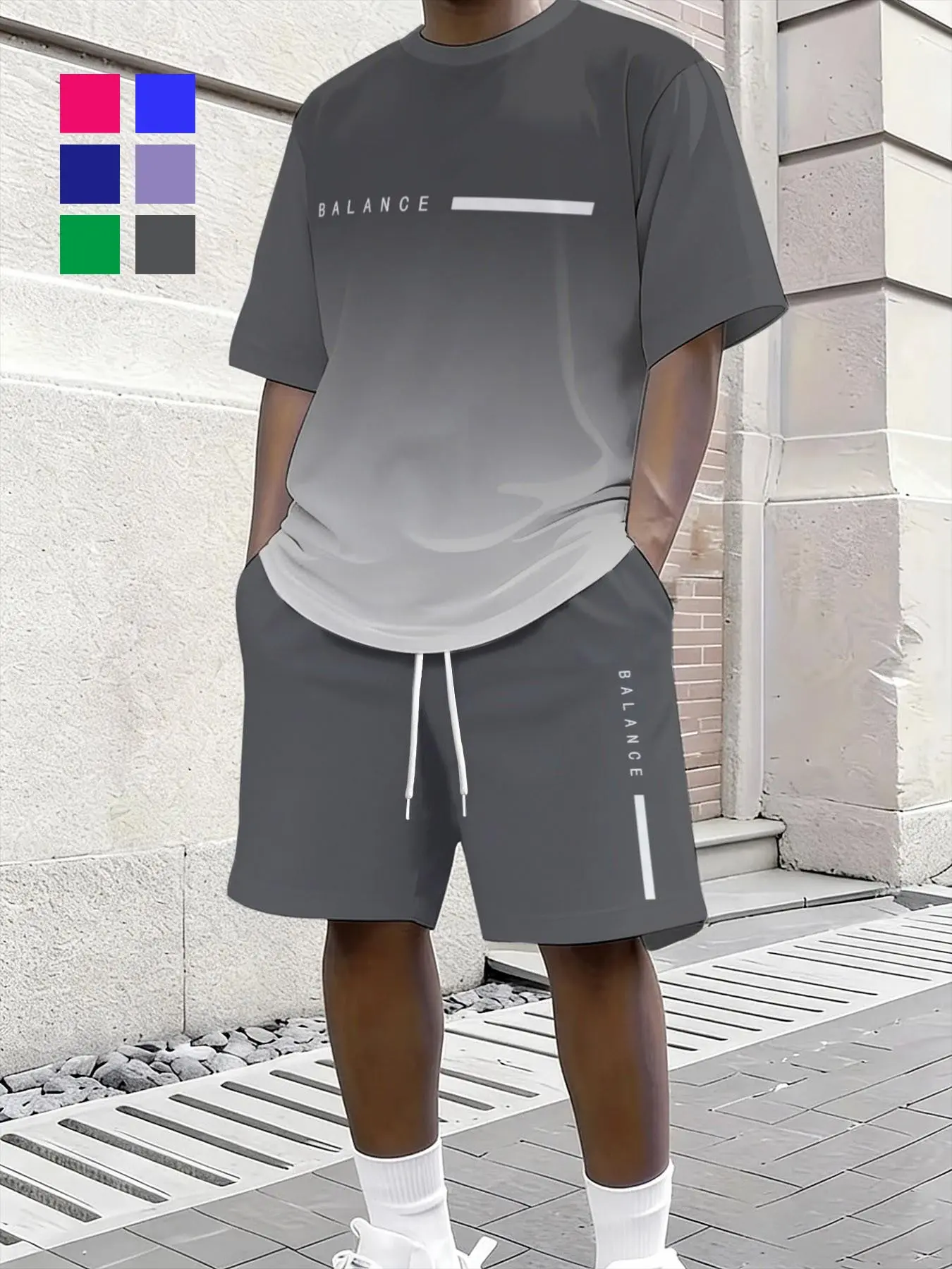 Men's Gradient Letter Signature 3D Digital Full-Body Print T-Shirt + Beach Shorts Set, Casual Round Neck Short Sleeve T-Shirt & Drawstring Shorts Two-Piece Set, Crewneck, Clothes
