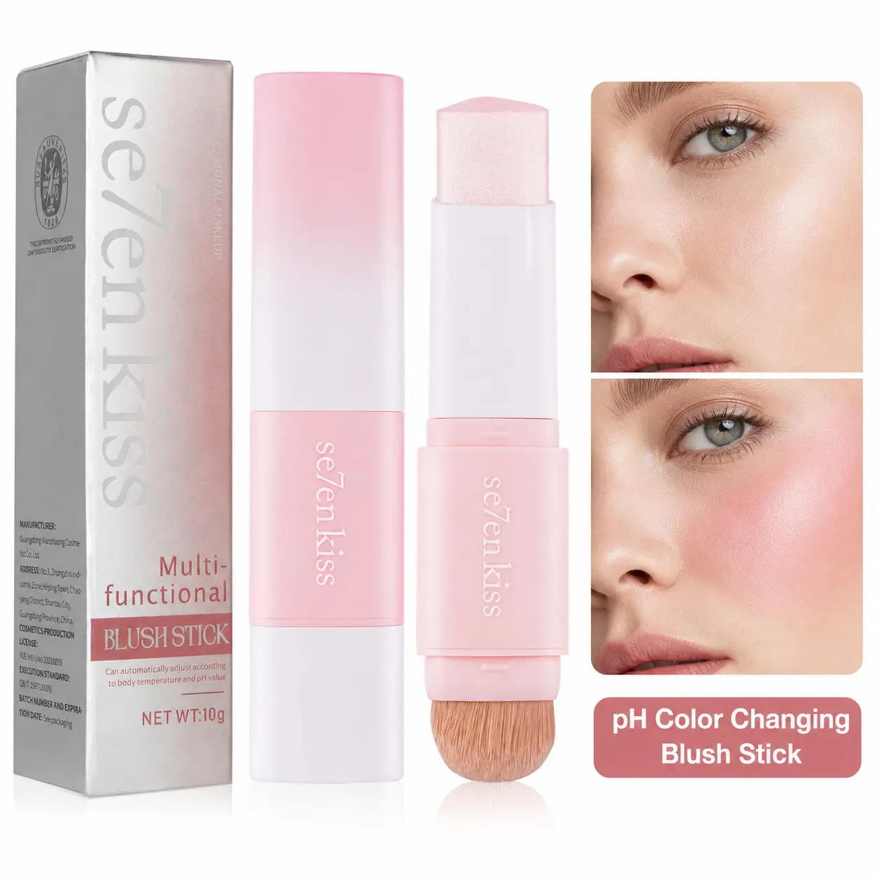 pH Color Changing Blush Stick with Brush, Dual Ended Cream Blush Balm for Cheeks, Hydrating Moisturizing Color Adapting Blush, Natural Pink Radiant Glow, Blendable Long Lasting Makeup, Shimmer & Dewy Finish, 2 Shades