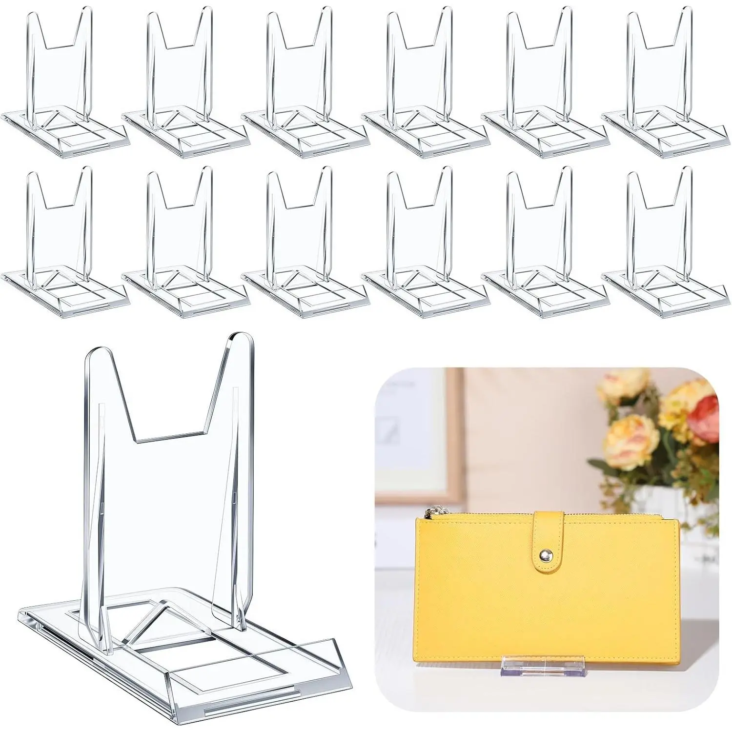 12 Pack Adjustable Clear Acrylic Purse Display Stands - Handbag & Wallet Holder, Jewelry Display Organizer for Parties, Weddings, Home Decor, BirthdaysGift