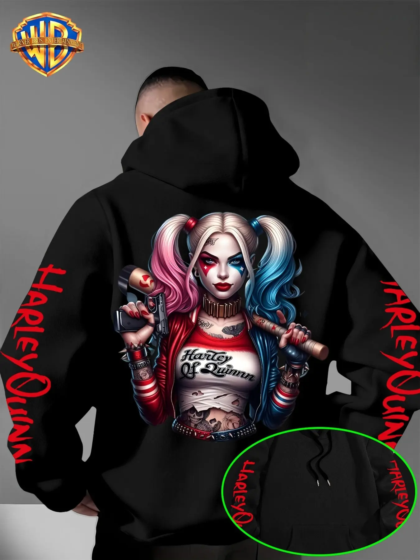 Warner Bros Men's Classic Harley Quinn Back Print Hoodie, Long Sleeve Letter Pattern Sweatshirt, Gothic Street Style