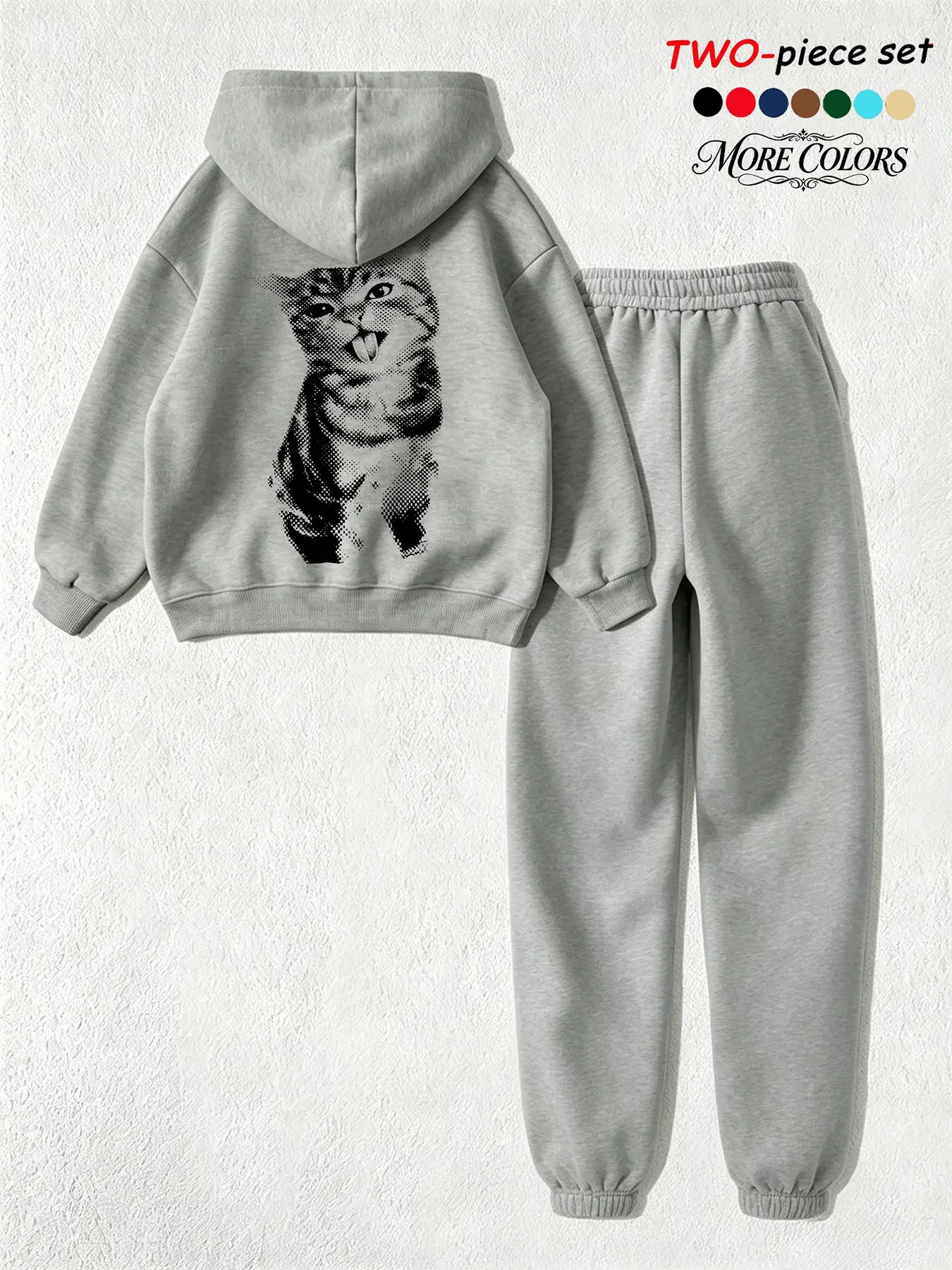 American Y2K New Arrival Drawstring Hooded Sweatshirt + Slim Fit Sweatpants Set, Retro Print, Cute Cat Pattern, Street Style, Fall & Winter