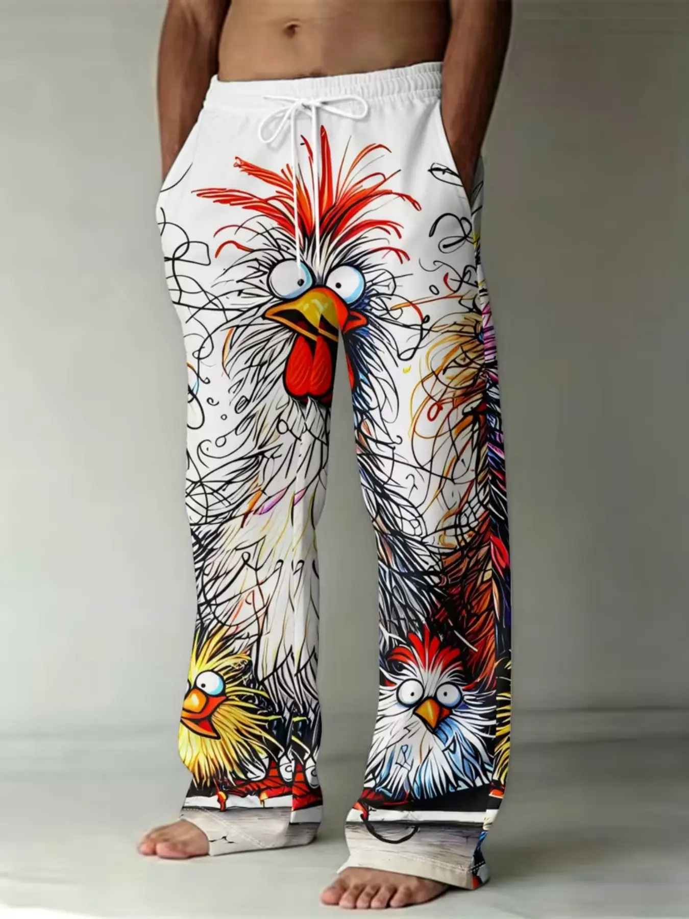Men's Fashion Printed Long Pants, Colorful Cartoon Chicken Pattern, Pockets and Drawstring, Casual Slim Fit, Fall & Winter Style