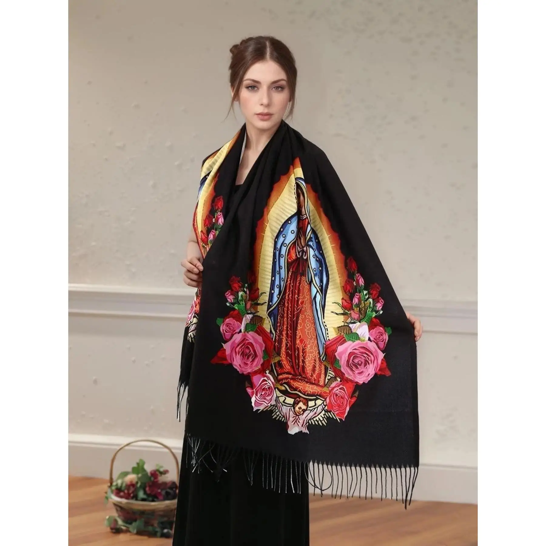 Women Floral Print Shawl Wrap Scarf with Fringe Trim, Elegant Lightweight Polyester Shoulder Cover, Soft Warm Wind Resistant Fashion Accessory for Party, Wedding, Travel, Daily Outfit and Holiday Gift