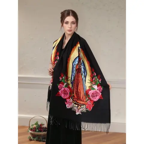 Women's Floral Print Fringe Trim Shawl Wrap Scarf - Lightweight Polyester, Soft, Wind-Resistant Shoulder Cover, Sports & Outdoor Accessory for Adults Female, Party Wear, Travel Gift, Accessories Adults Female