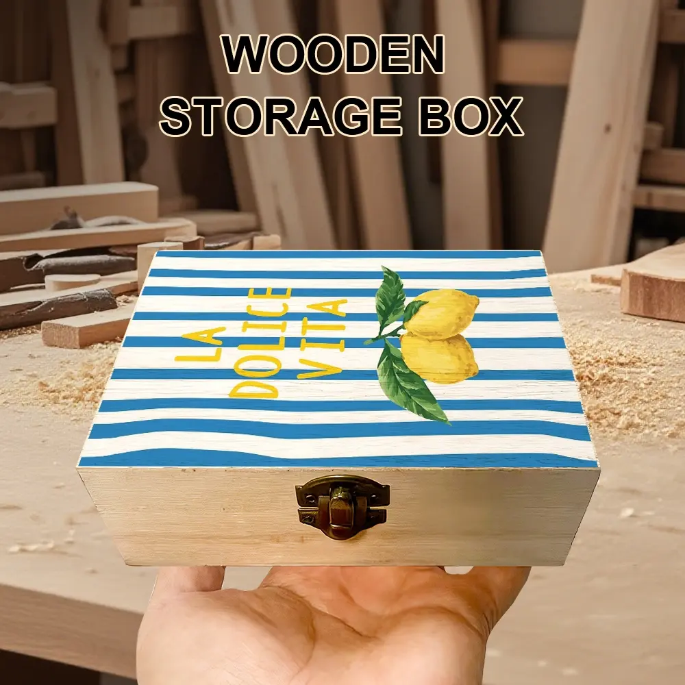 1Pc Wooden Storage Box, Gift Storage Box with Italian - Inspired Striped & Lemon Illustration, Small Item Organizer, Trinket Organizer, for Bedroom Organization, Office Desk Decor, Living Room Storage, Modern Home Decor