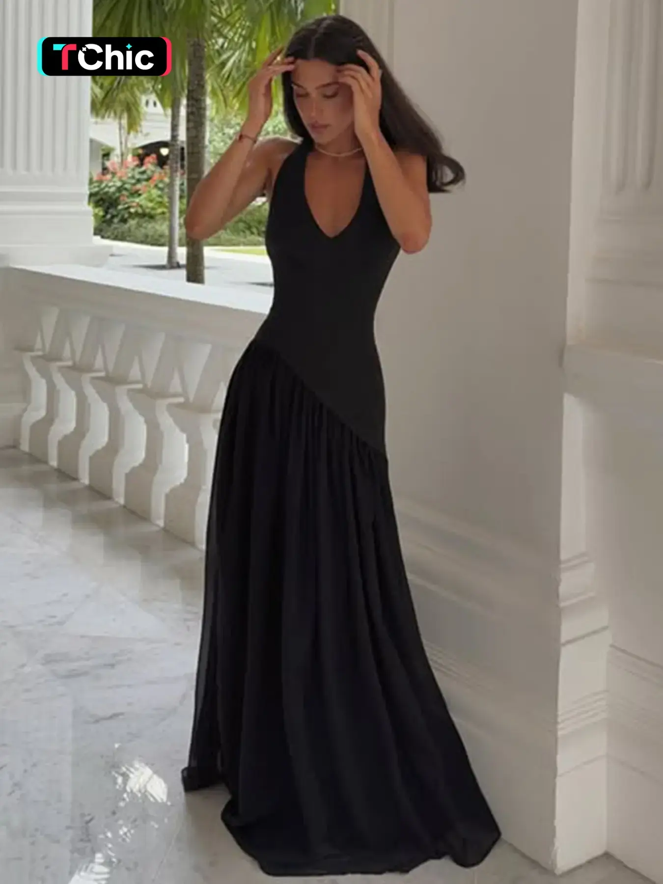 Women's Chiffon Splicing Solid Color Tie-neck Halter Slip Dress, Elegant Plain V Neck Lace-up Sleeveless Backless Maxi Dress, Party Club Date Evening Gown Holiday Daily Casual Elegant A-line Long Dresses For Ladies All Seasons Summer Fashion Clothes Wear