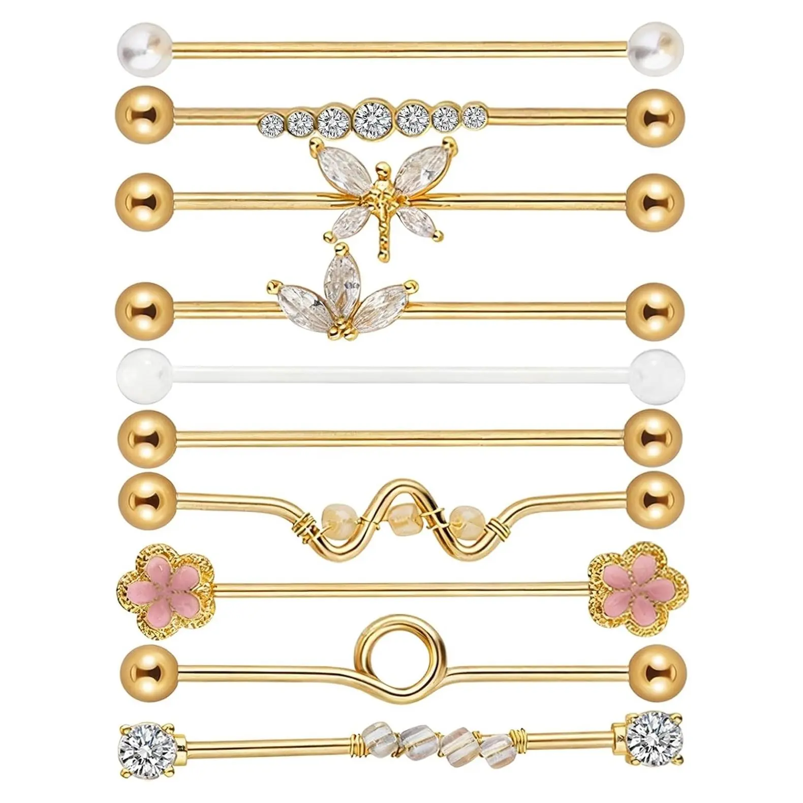 10Pcs 14G Industrial Piercing Jewelry Set, Surgical Steel Barbells Kit, Golden Helix Earrings for Women Men