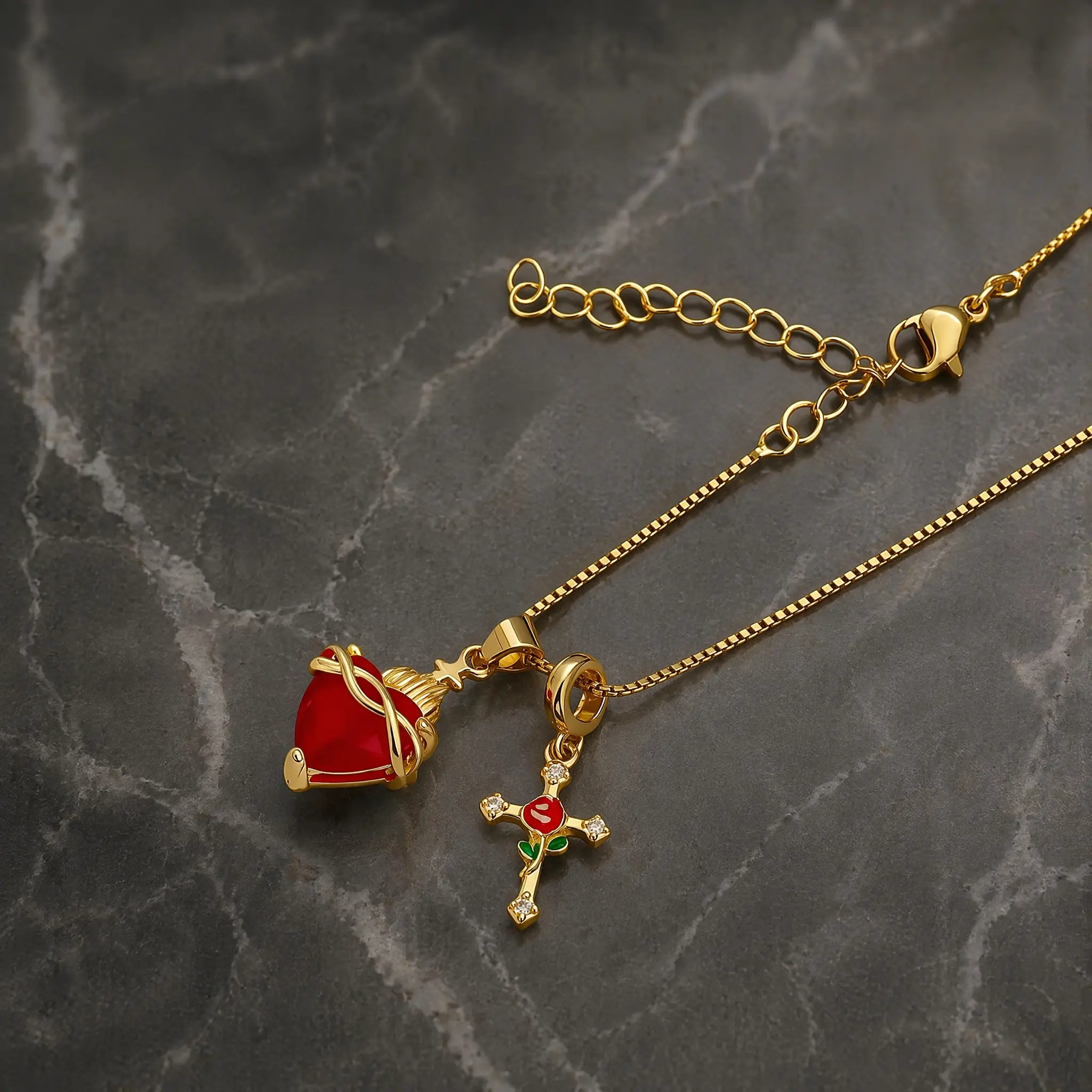 Gold-Plated Metal Coating Catholic Christian Double Pendant Necklace - Red Sacred Heart Zircon Stones, Cubic Zirconia, Box Chain, Lobster Clasp, Comes with Jewelry Gift Box, for Daily Wear, Graduation, First Communion Gifting