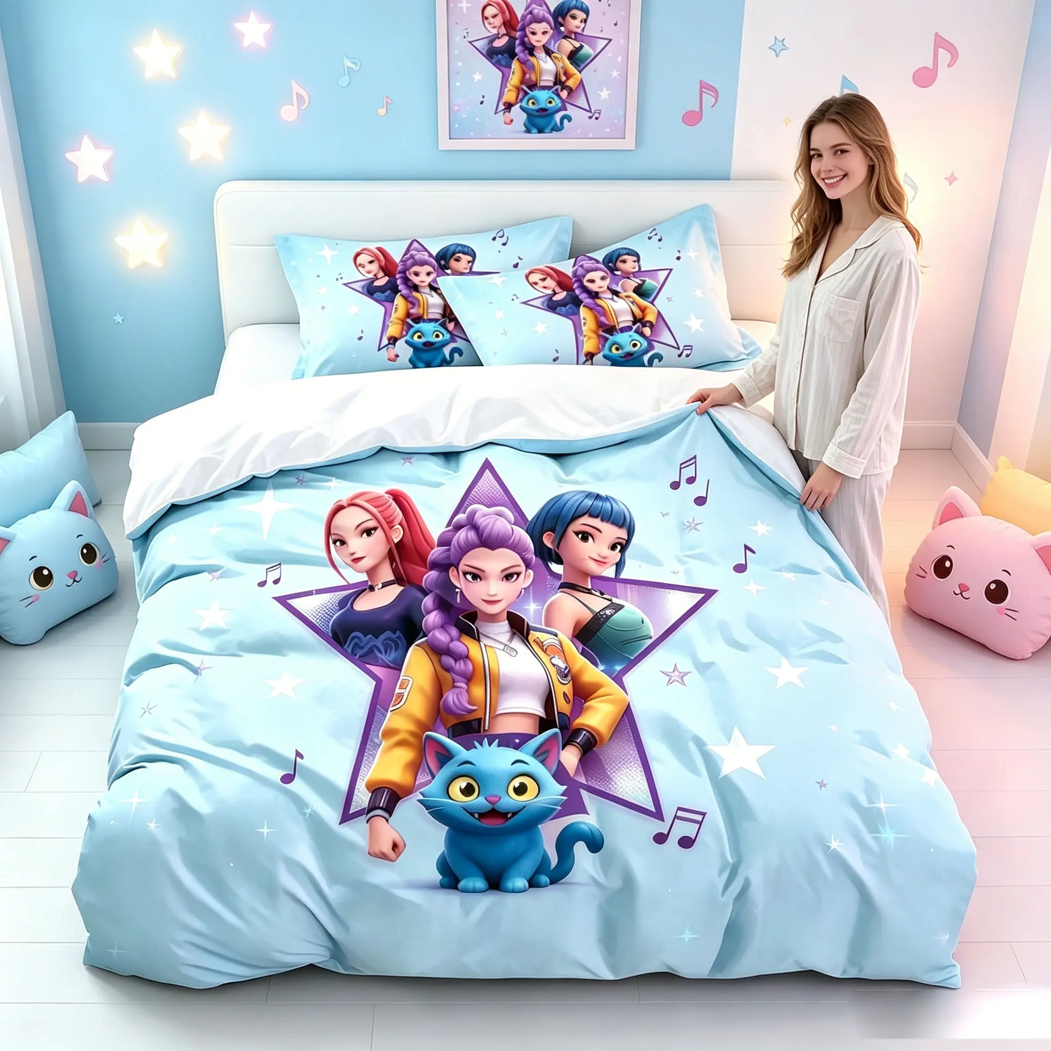 3-Piece Idol Girl Group Pattern Quilt Cover Set, Soft Comfortable Fabric, Includes 1 Quilt Cover and 2 Pillowcases, Ideal for Bedroom, Hotel, Dormitory