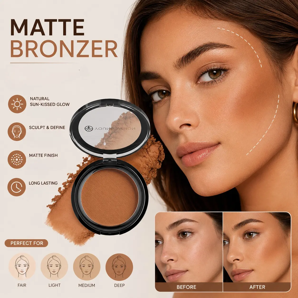 Matte bronze contour powder, Beauty Bronzer, for European and American facial contouring makeup, sun-kissed tanning powder, finely milled with minimal fallout, natural tanning effect, brightens facial contours for a slimmer three-dimensional look