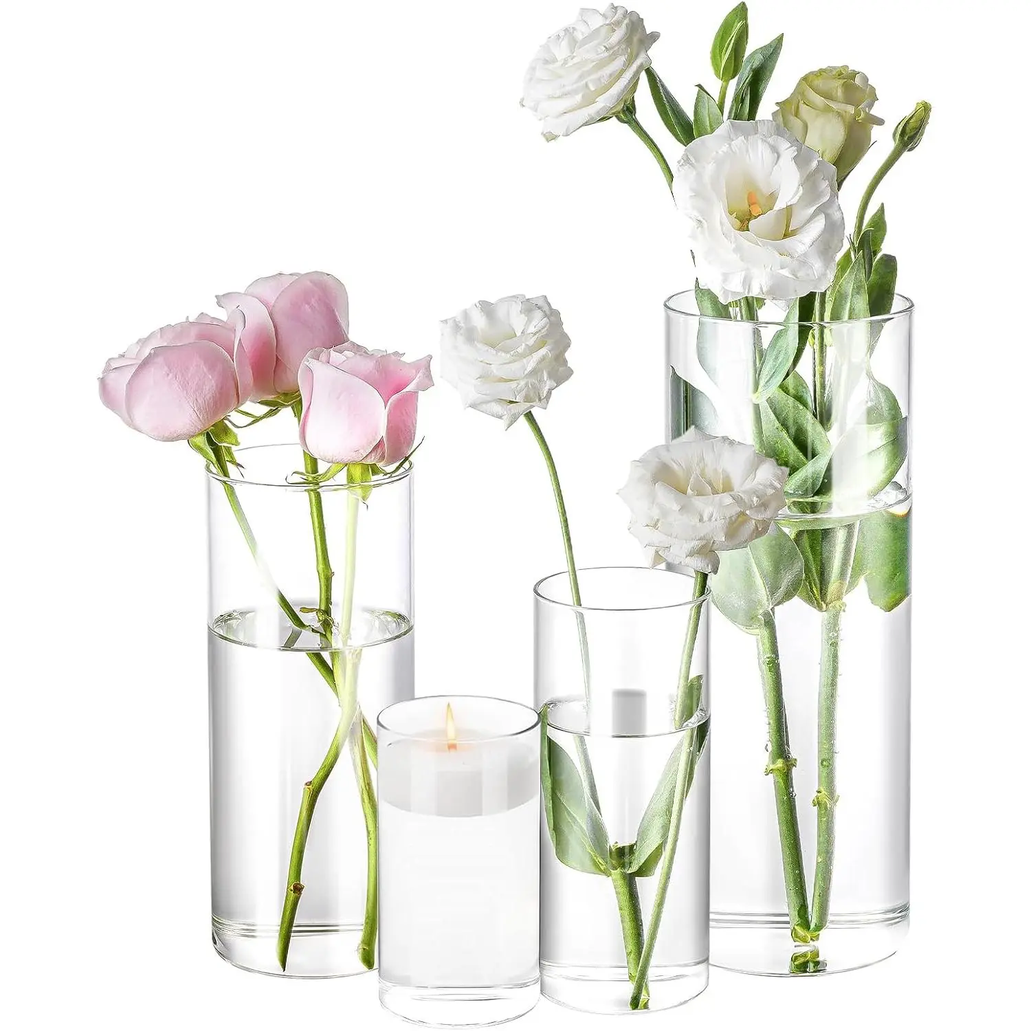 4 Pack Glass Cylinder Vases 4,6,8,10 Inch Tall Clear Flower Vase Hurricane Floating Candle Holder for Table Centerpiece Wedding Home Decor