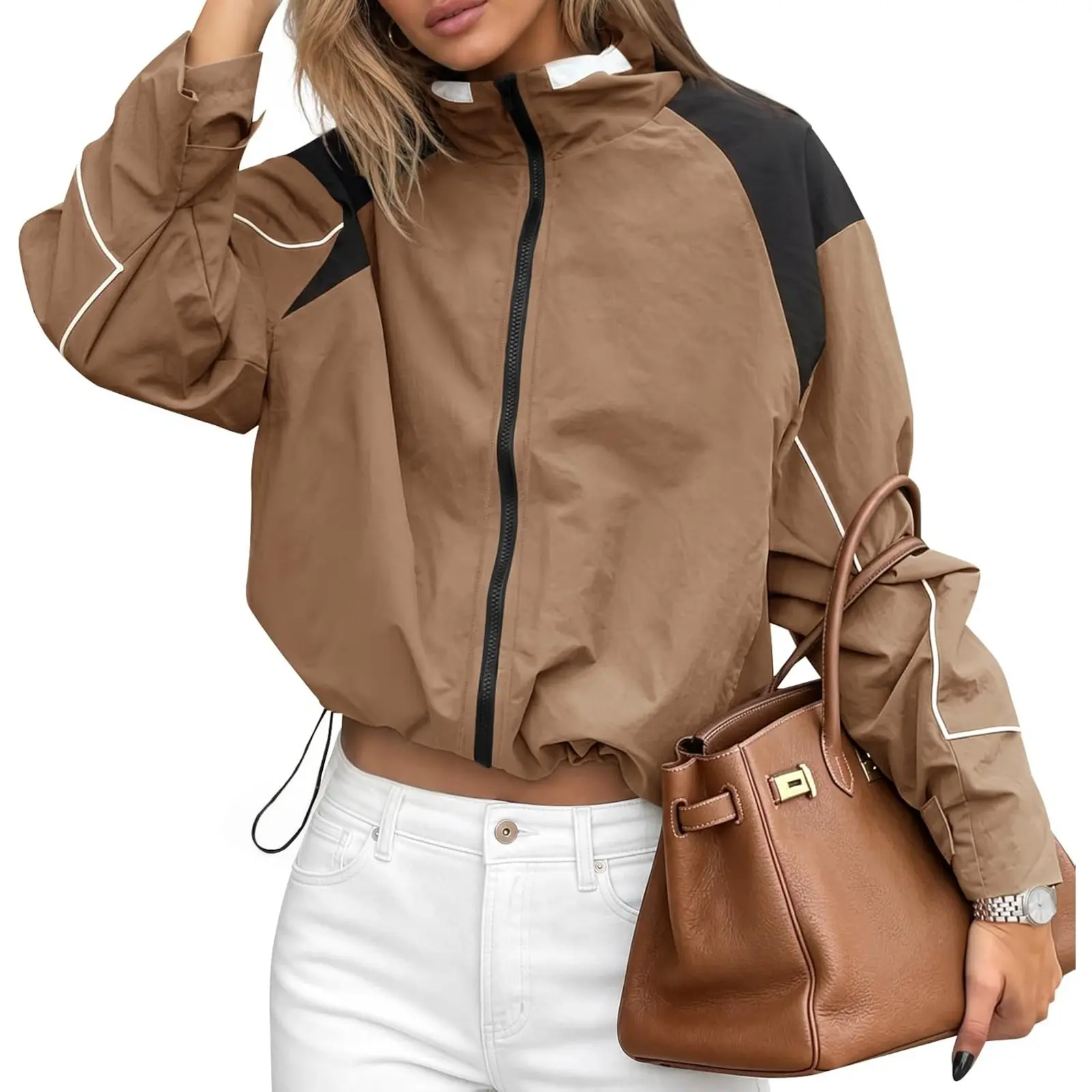 Yousify Windbreaker Jacket for Women, Casual Cropped Lightweight Anorak with Zip Up and Pockets, S, Knitting, Outerwear, Coat, Racerback, Cropped Cut, Plain, Do Not Iron, Utility Anorak