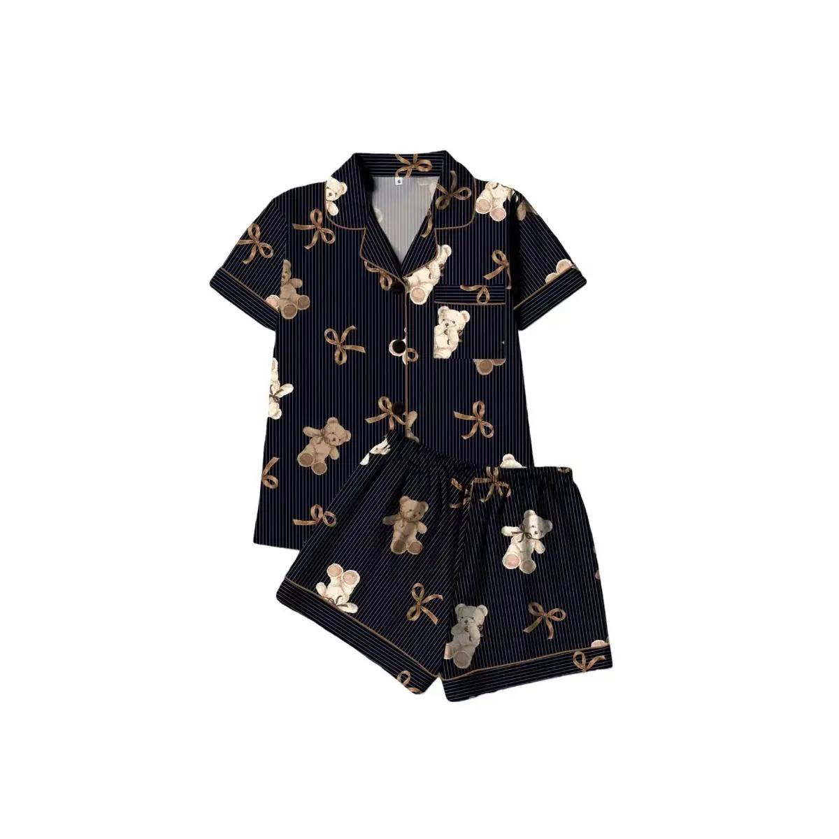 Summer Girls New Flame Retardant Fabric Soft Special Treatment Cute Casual Bear Bow Polka Dot Print Short Sleeve Shorts Pajama Set ((Passed 1615 Flame Retardant Fire Standard))