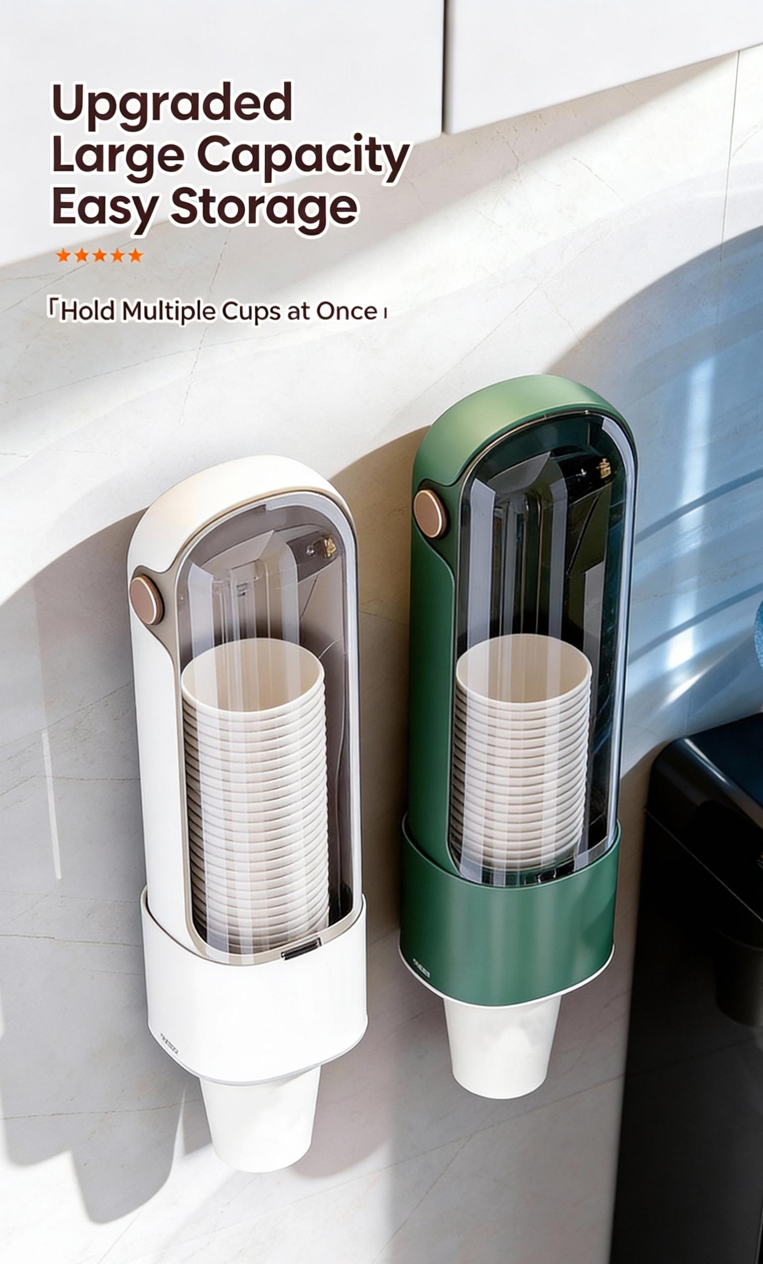 One-touch cup dispenser, automatic water dispenser, no-drill paper cup holder, dustproof kitchen storage rack, wall-mounted cup holder